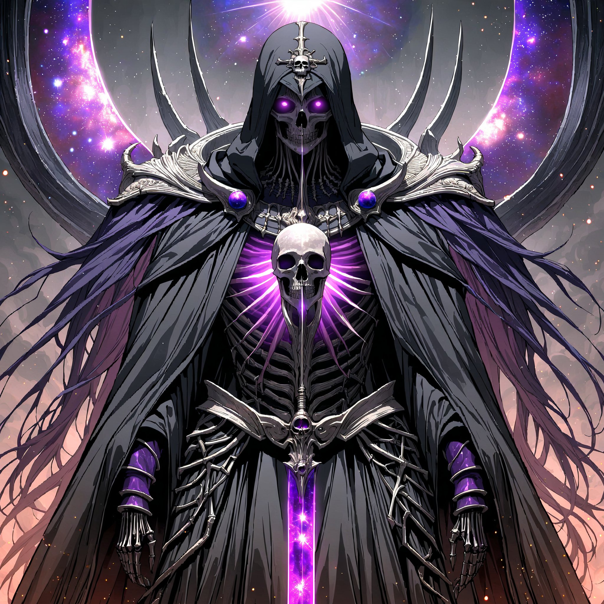 score_9, score_8_up, score_7_up, source_anime, speedlines, expressive, best quality, detailed eyes, perfect face, perfect hands, ((dark celestialskin body, Celestrial, void cosmic body, Universe)), (male), (lich) skeleton, towering, bulky, glowing purple eyes, skull mask, hooded, black robe, dark magic, soul magic, necromancer, souls, looking at viewer, ((manical laughter)), Evil,hkstyle