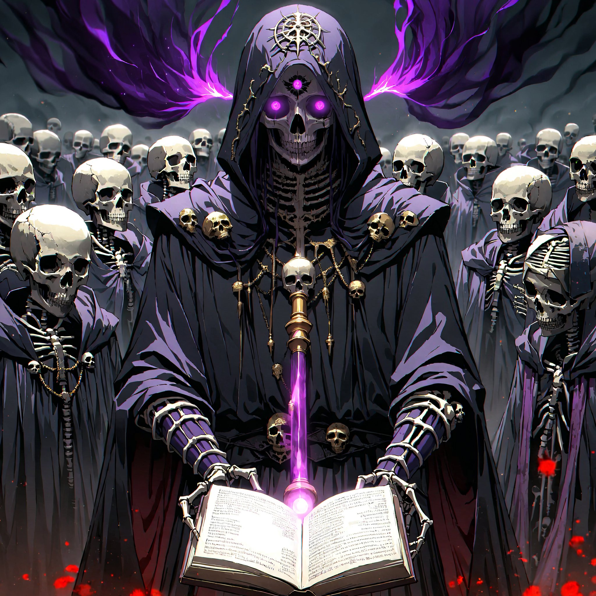 score_9, score_8_up, score_7_up, source_anime, speedlines, expressive, best quality, detailed eyes, perfect face, perfect hands, image focus on lich, (1man, lich, skeleton, undead), (skull face), black robe, glowing purple eyes, hooded, book of death, staff of decay, souls, soul magic, dark, magic, necromancer, undead, evil, army of dead, undead warriors. zombies, ghosts, dread, fear,hkstyle