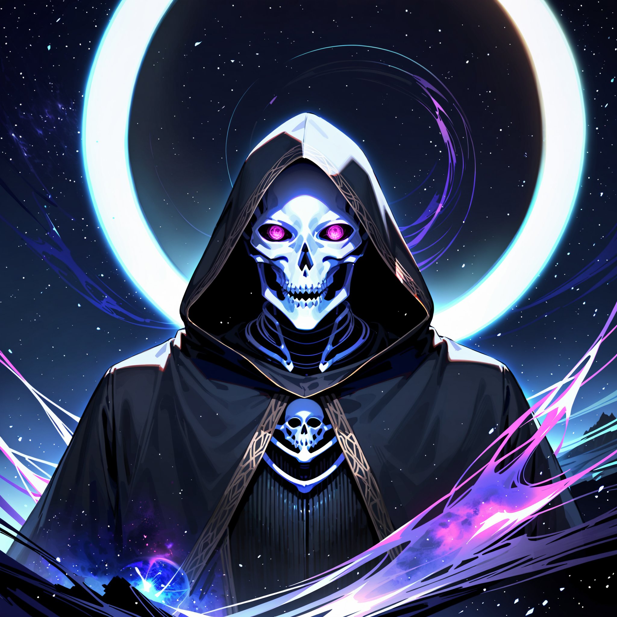 score_9, score_8_up, score_7_up, source_anime, speedlines, expressive, best quality, detailed eyes, perfect face, perfect hands, ((dark celestialskin body, Celestrial, void cosmic body, Universe)), (male), (lich) skeleton, towering, bulky, glowing purple eyes, skull mask, hooded, black robe, dark magic, soul magic, necromancer, souls, looking at viewer, ((manical laughter)), Evil,