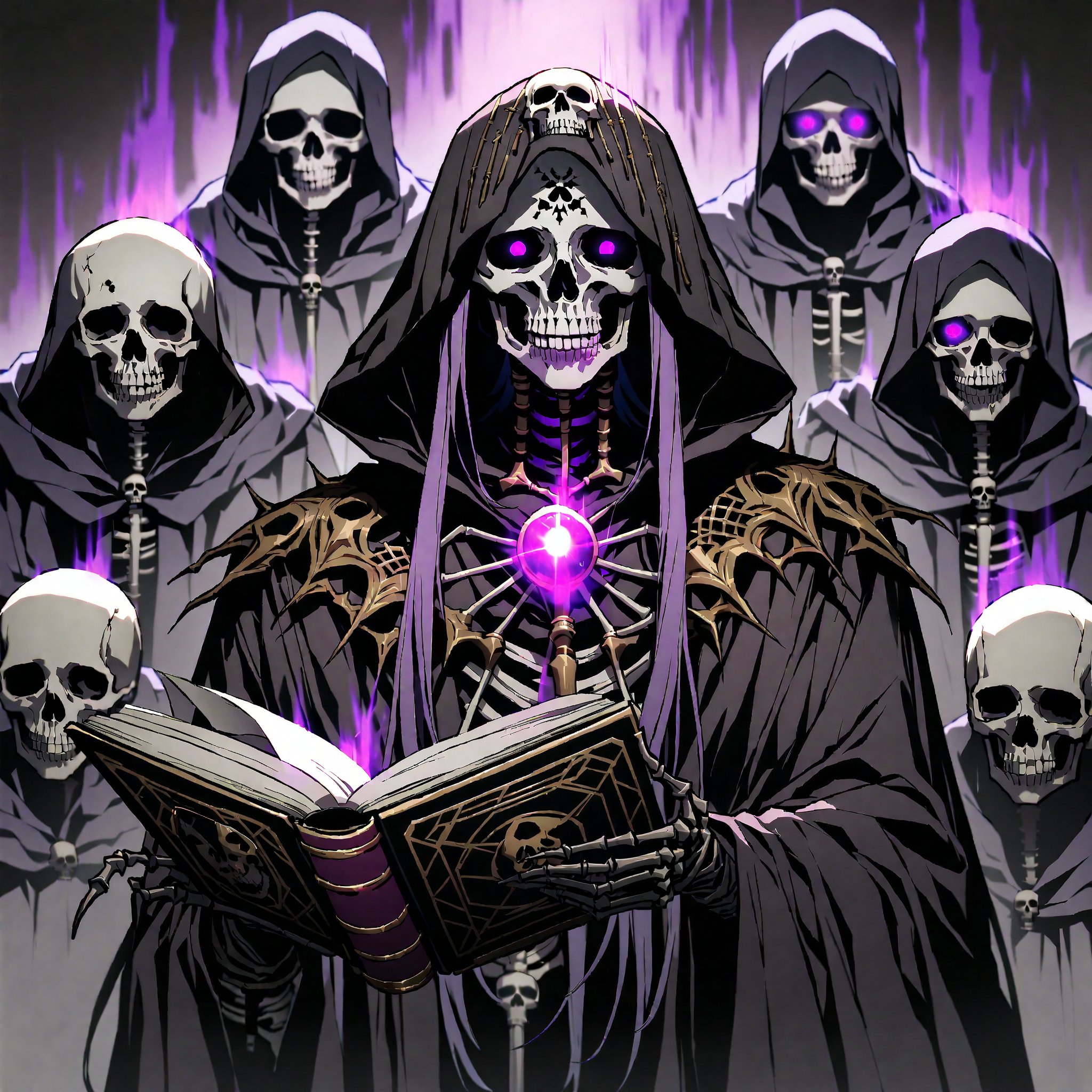 score_9, score_8_up, score_7_up, source_anime, speedlines, expressive, best quality, detailed eyes, perfect face, perfect hands, image focus on lich, (1man, lich, skeleton, undead), (skull face), black robe, glowing purple eyes, hooded, book of death, staff of decay, souls, soul magic, dark, magic, necromancer, undead, evil, army of dead, undead warriors. zombies, ghosts, dread, fear,sinozick style