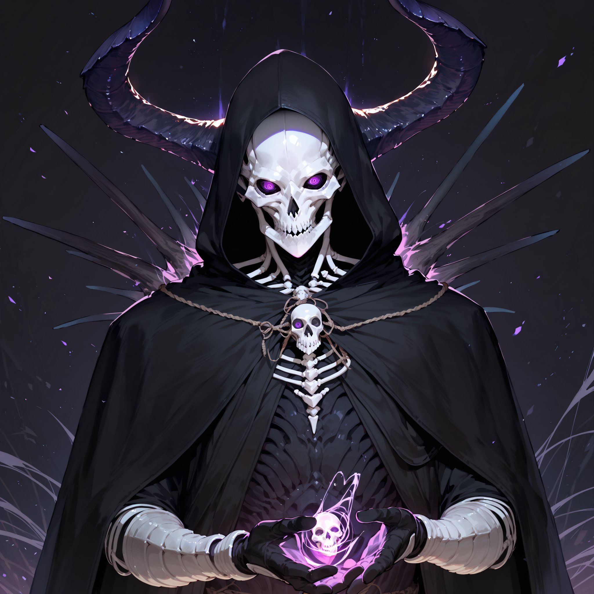 score_9, score_8_up, score_7_up, source_anime, speedlines, expressive, best quality, detailed eyes, perfect face, perfect hands, ((portrait)), ((extreme close up)), (solo, male), (lich) skeleton, towering, bulky, glowing purple eyes, skull mask, demon horns, long purple hooded cloak, gloves, black robe, dark magic, soul magic, necromancer, souls, looking down on you, ((maniacal laughter)),