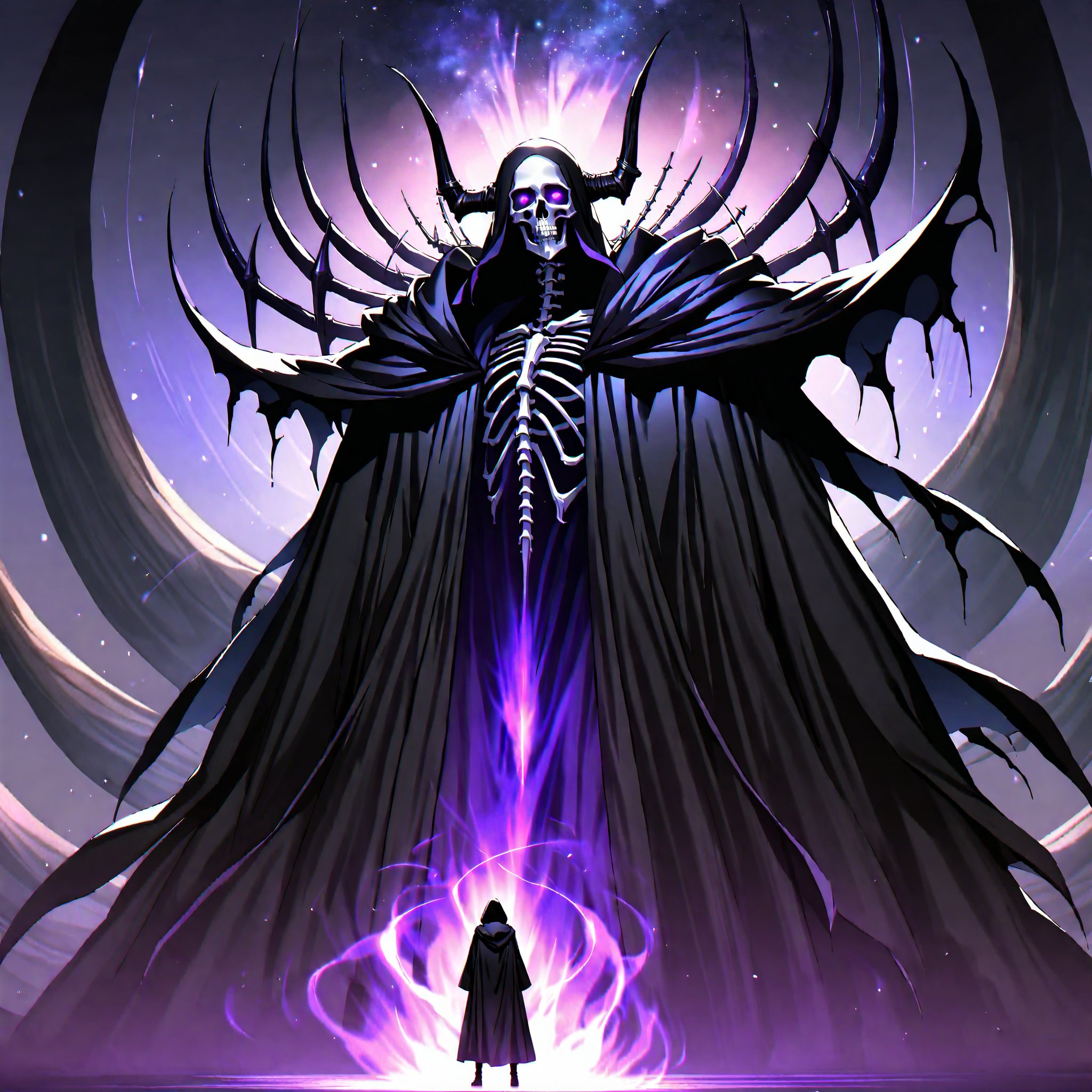 score_9, score_8_up, score_7_up, source_anime, speedlines, expressive, best quality, detailed eyes, perfect face, perfect hands, ((dark celestialskin body, Celestrial, void cosmic body, Universe)), (male), (lich) skeleton, towering, bulky, glowing purple eyes, skull mask, hooded, black robe, dark magic, soul magic, necromancer, souls, looking at viewer, ((manical laughter)), Evil,