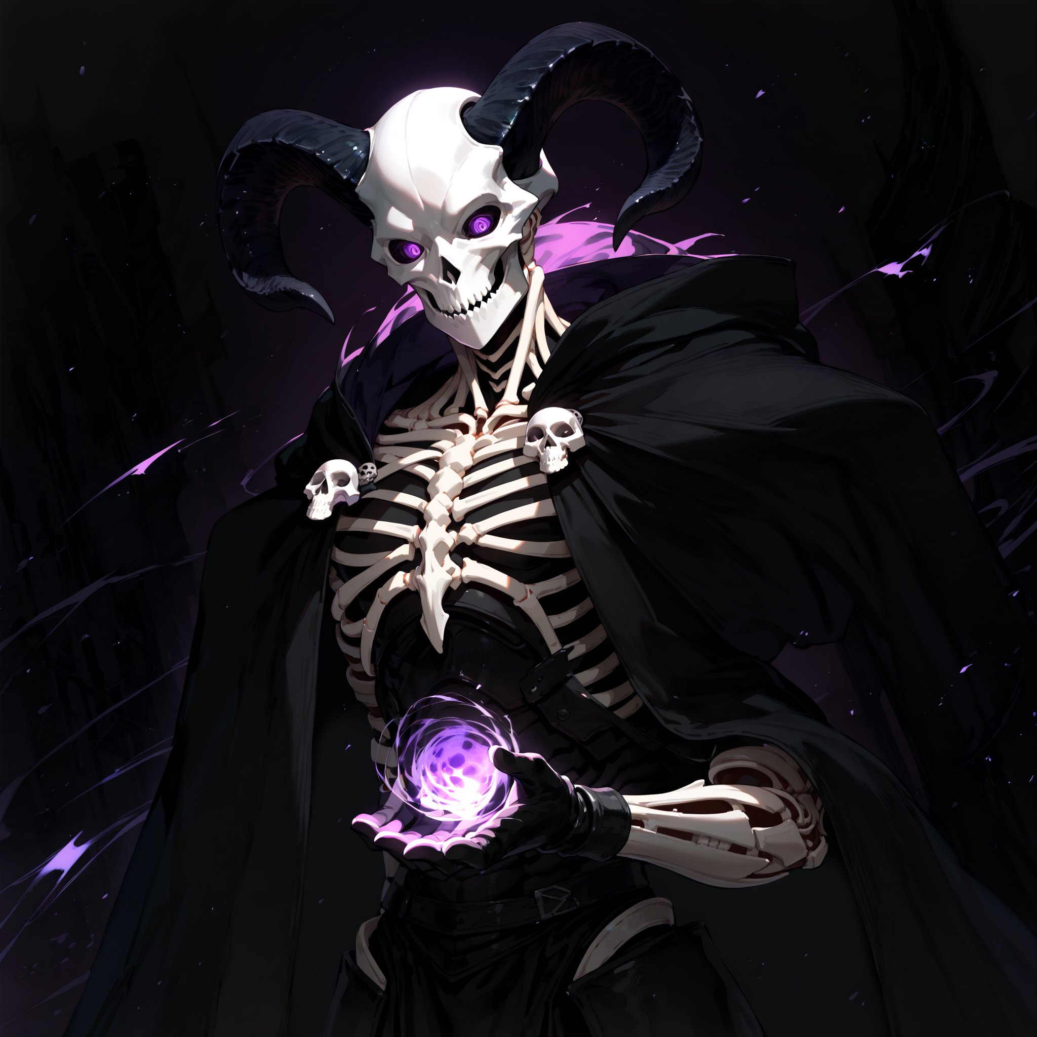 score_9, score_8_up, score_7_up, source_anime, speedlines, expressive, best quality, detailed eyes, perfect face, perfect hands, ((portrait)), ((extreme close up)), (solo, male), (lich) skeleton, towering, bulky, glowing purple eyes, skull mask, demon horns, long purple hooded cloak, gloves, black robe, dark magic, soul magic, necromancer, souls, looking down on you, ((shush)),