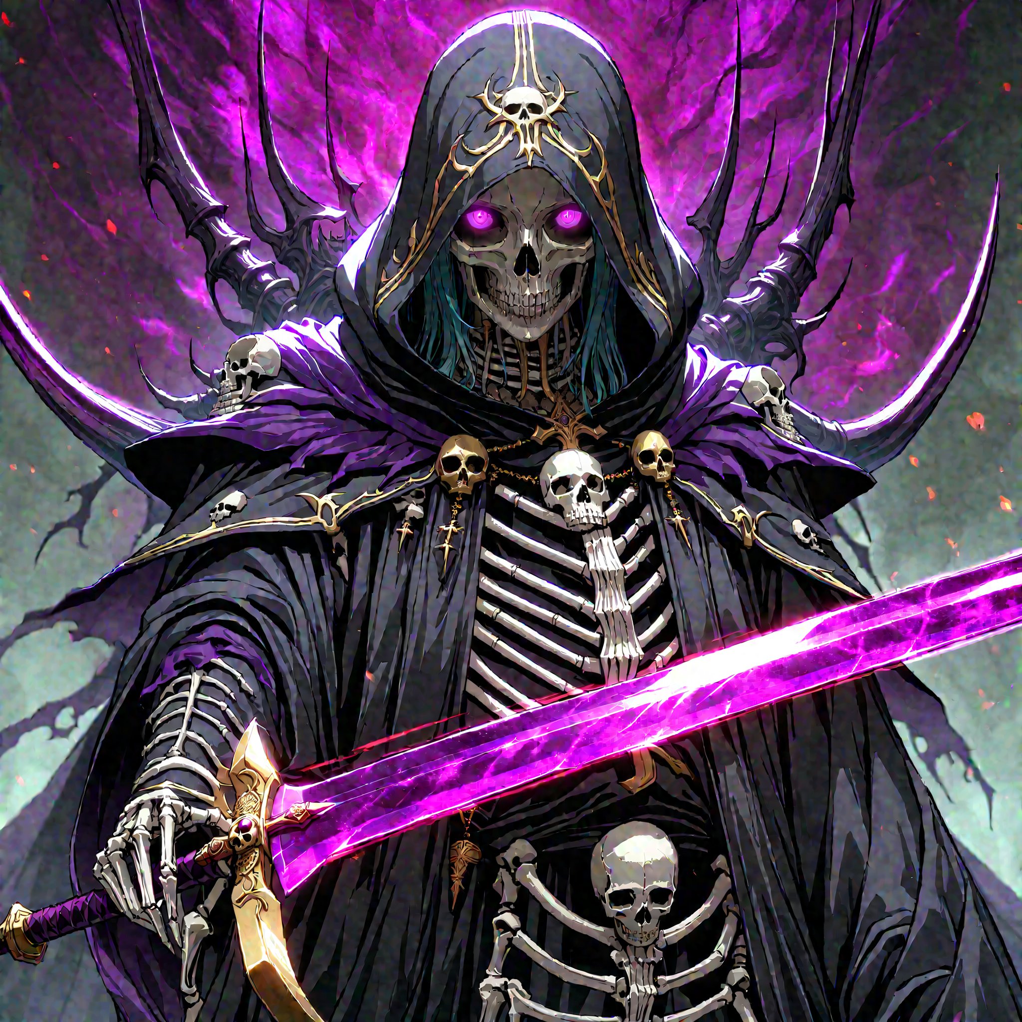 score_9, score_8_up, score_7_up, source_anime, speedlines, expressive, best quality, detailed eyes, perfect face, perfect hands, image focus on lich, (1man, lich, skeleton, undead), (skull face), black robe, glowing purple eyes, hooded, red, holding cursed long sword, pointing sword at viewer, necromancer, dark magic, soul magic, souls, evil, darkness, dread, fear, sinister,hkstyle