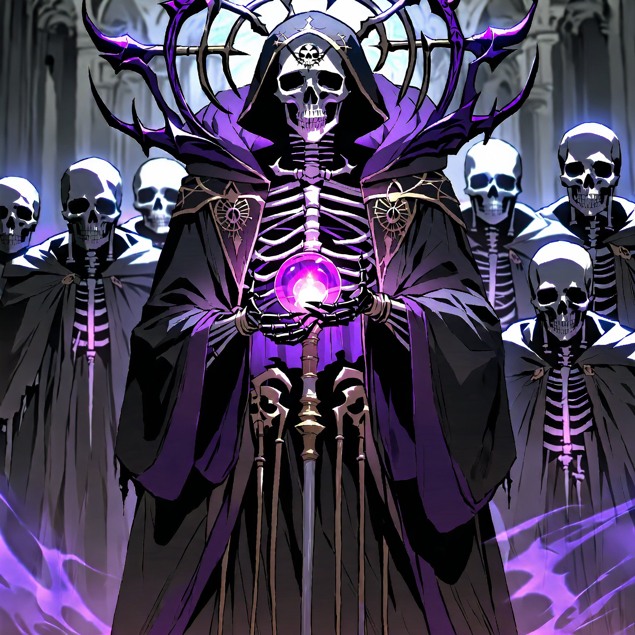 score_9, score_8_up, score_7_up, source_anime, speedlines, expressive, best quality, detailed eyes, perfect face, perfect hands, image focus on lich, (1man, lich, skeleton, undead), (skull face), black robe, glowing purple eyes, hooded, book of death, staff of decay, souls, soul magic, dark, magic, necromancer, undead, evil, army of dead, undead warriors. zombies, ghosts, dread, fear,floox style