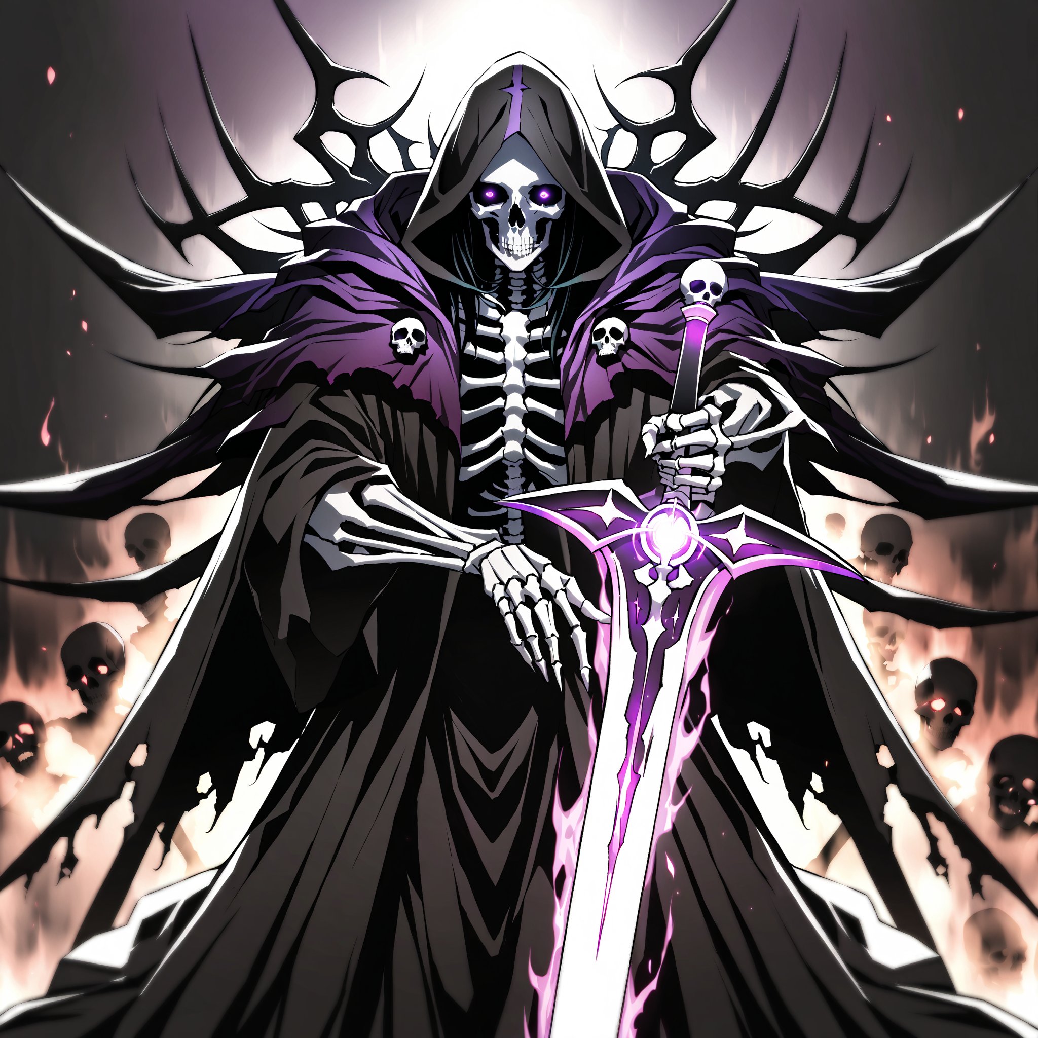 score_9, score_8_up, score_7_up, source_anime, speedlines, expressive, best quality, detailed eyes, perfect face, perfect hands, image focus on lich, (1man, lich, skeleton, undead), (skull face), black robe, glowing purple eyes, hooded, red, holding cursed long sword, pointing sword at viewer, necromancer, dark magic, soul magic, souls, evil, darkness, dread, fear, sinister,n4n40