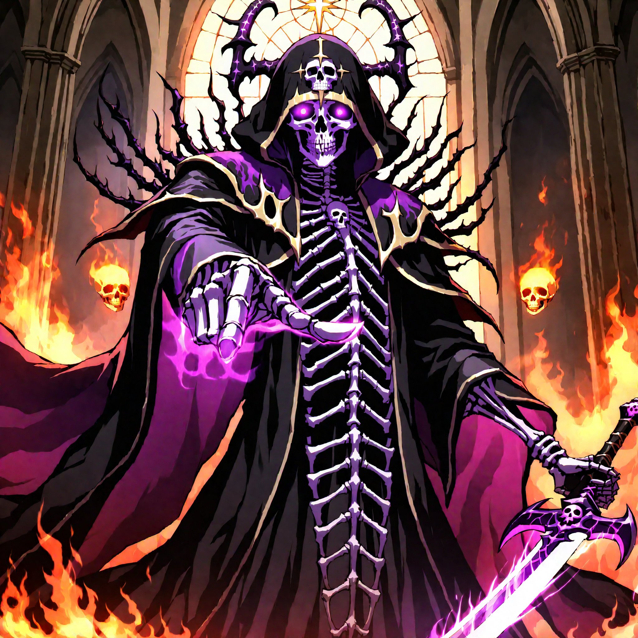 score_9, score_8_up, score_7_up, source_anime, speedlines, expressive, best quality, detailed eyes, perfect face, perfect hands, image focus on lich, (1man, lich, skeleton, undead), (skull face), black robe, glowing purple eyes, hooded, red, holding cursed long sword, pointing sword at viewer, necromancer, dark magic, soul magic, souls, evil, darkness, dread, fear, sinister, (church burning), fire,more detail XL