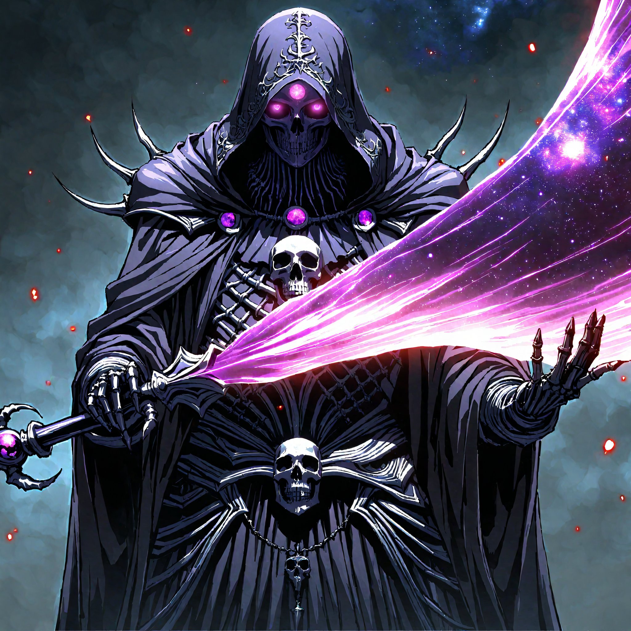 score_9, score_8_up, score_7_up, source_anime, speedlines, expressive, best quality, detailed eyes, perfect face, perfect hands, ((dark celestialskin body, Celestrial, void cosmic body, Universe)), (male), (lich) skeleton, towering, bulky, glowing purple eyes, skull mask, hooded, black robe, dark magic, soul magic, necromancer, souls, looking at viewer, ((manical laughter)), Evil,hkstyle