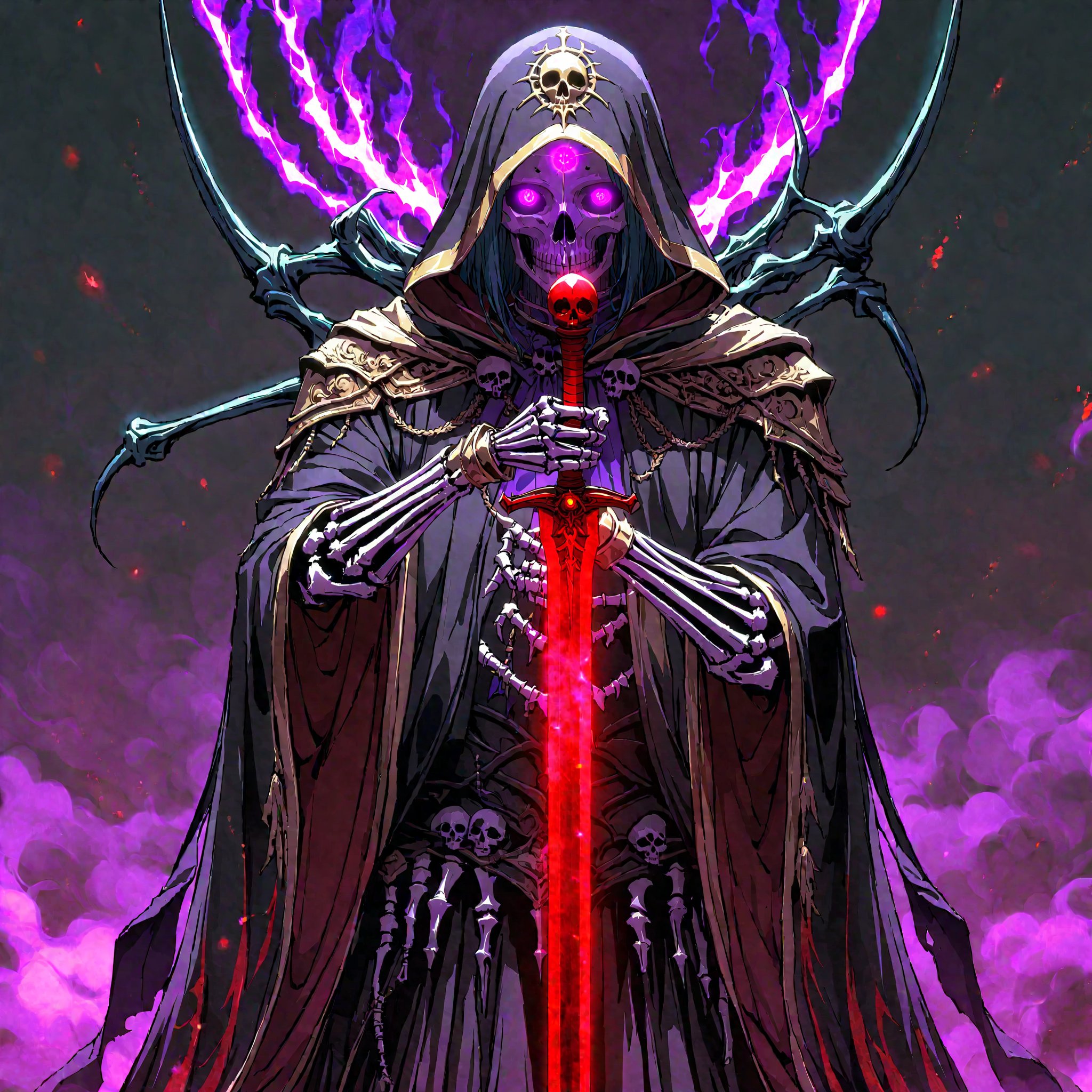 score_9, score_8_up, score_7_up, source_anime, speedlines, expressive, best quality, detailed eyes, perfect face, perfect hands, image focus on lich, (1man, lich, skeleton, undead), (skull face), black robe, glowing purple eyes, hooded, red, holding cursed long sword, pointing sword at viewer, necromancer, dark magic, soul magic, souls, evil, darkness, dread, fear, sinister,hkstyle