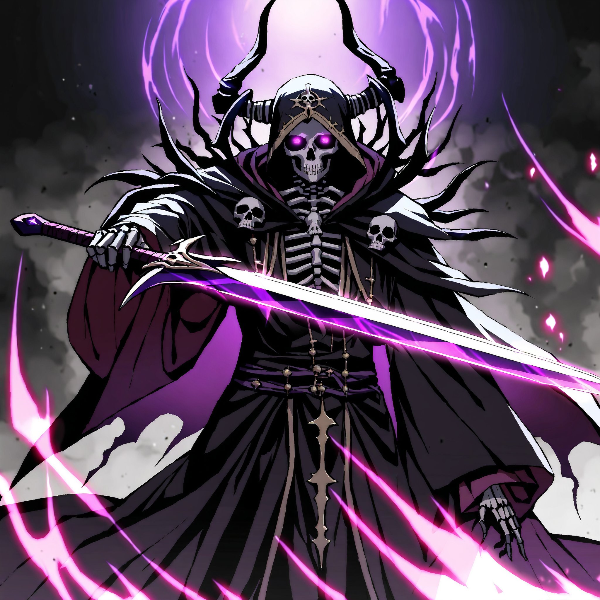 score_9, score_8_up, score_7_up, source_anime, speedlines, expressive, best quality, detailed eyes, perfect face, perfect hands, image focus on lich, (1man, lich, skeleton, undead), (skull face), black robe, glowing purple eyes, hooded, red, holding cursed long sword, pointing sword at viewer, necromancer, dark magic, soul magic, souls, evil, darkness, dread, fear, sinister