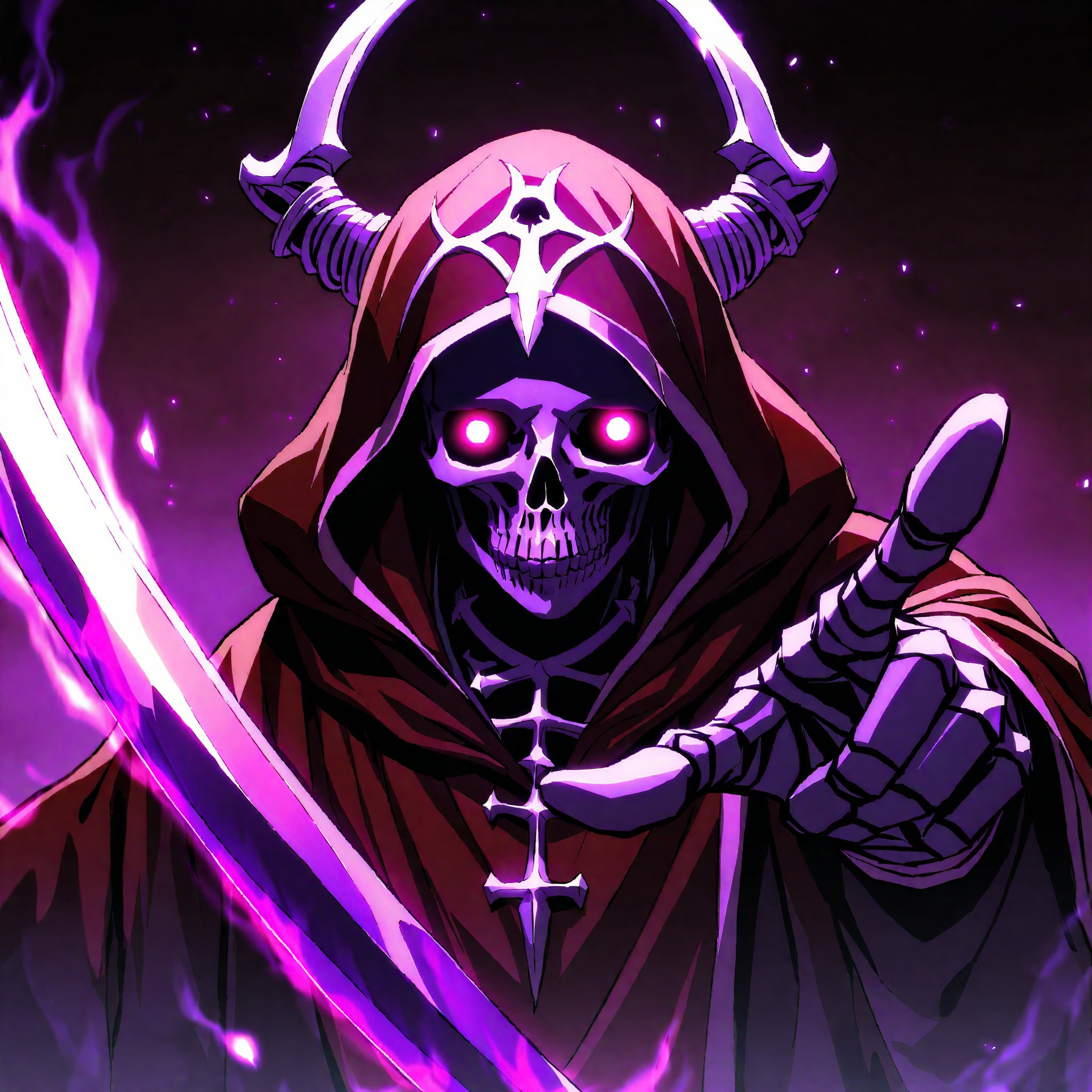 score_9, score_8_up, score_7_up, source_anime, speedlines, expressive, best quality, detailed eyes, perfect face, perfect hands, image focus on lich, (1man, lich, skeleton, undead), (skull face), black and red robe, glowing purple eyes, hooded, holding cursed long sword, pointing at viewer, necromancer, dark magic, soul magic, souls, evil, darkness, dread, fear, sinister