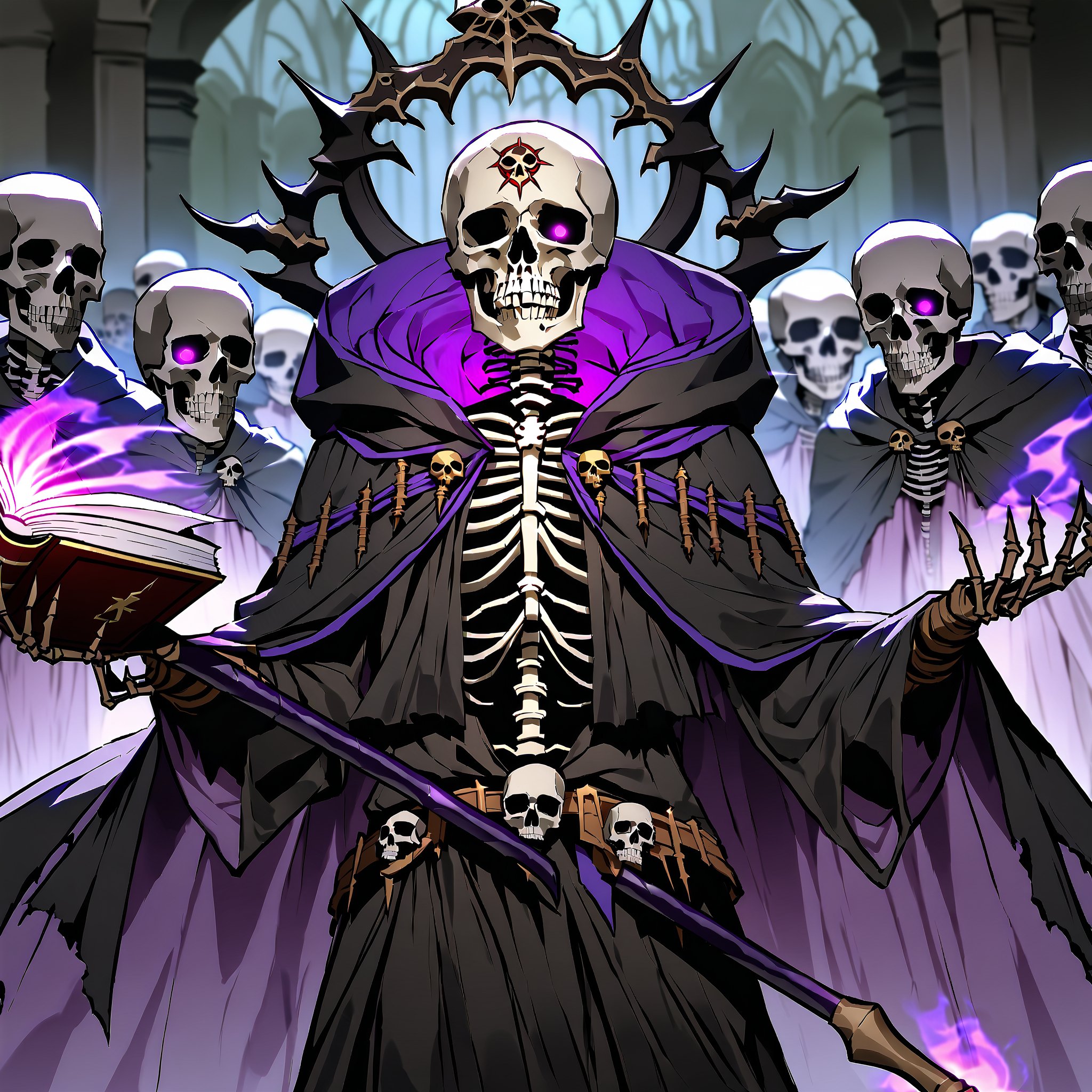 score_9, score_8_up, score_7_up, source_anime, speedlines, expressive, best quality, detailed eyes, perfect face, perfect hands, image focus on lich, (1man, lich, skeleton, undead), (skull face), black robe, glowing purple eyes, hooded, book of death, staff of decay, souls, soul magic, dark, magic, necromancer, undead, evil, army of dead, undead warriors. zombies, ghosts, dread, fear,floox style