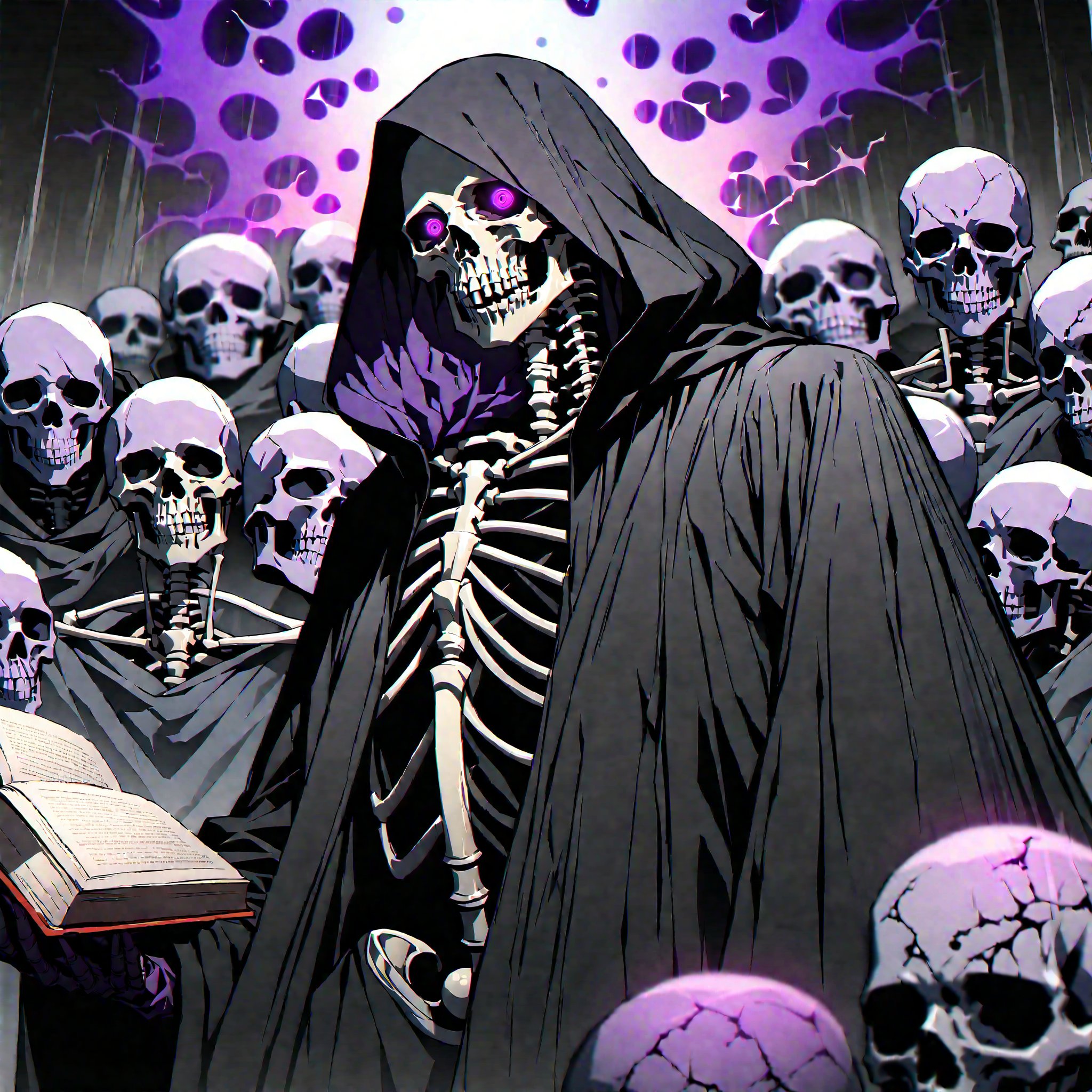 score_9, score_8_up, score_7_up, source_anime, speedlines, expressive, best quality, detailed eyes, perfect face, perfect hands, image focus on lich, (1man, lich, skeleton, undead), (skull face), black robe, glowing purple eyes, hooded, book of death, staff of decay, souls, soul magic, dark, magic, necromancer, undead, evil, army of dead, undead warriors. zombies, ghosts, dread, fear,sinozick style