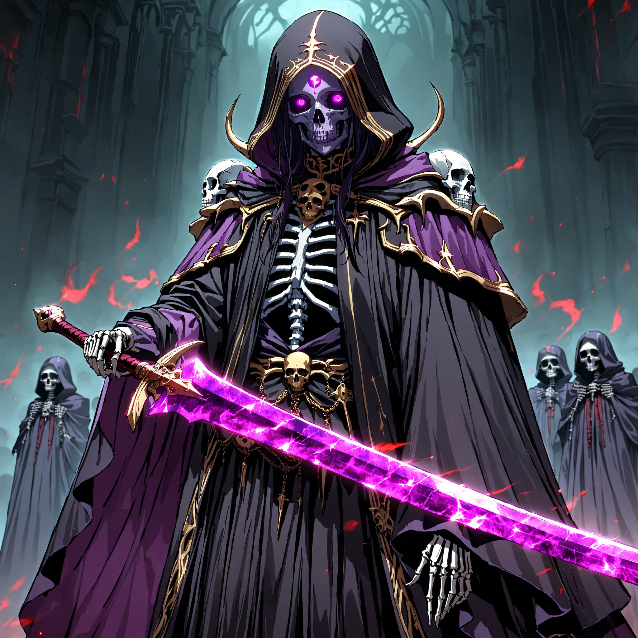 score_9, score_8_up, score_7_up, source_anime, speedlines, expressive, best quality, detailed eyes, perfect face, perfect hands, image focus on lich, (1man, lich, skeleton, undead), (skull face), black robe, glowing purple eyes, hooded, red, holding cursed long sword, pointing sword at viewer, necromancer, dark magic, soul magic, souls, evil, darkness, dread, fear, sinister,hkstyle