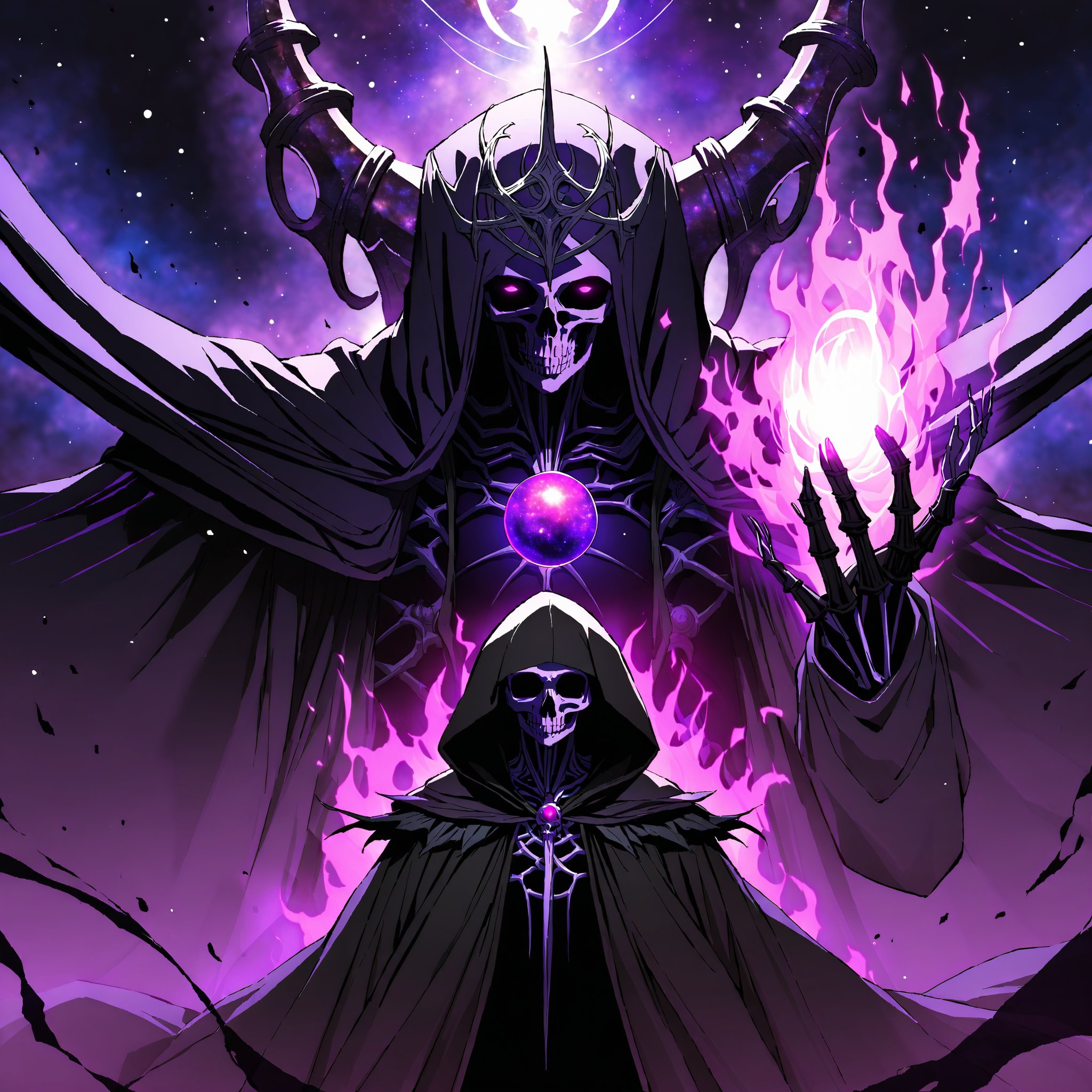 score_9, score_8_up, score_7_up, source_anime, speedlines, expressive, best quality, detailed eyes, perfect face, perfect hands, ((dark celestialskin body, Celestrial, void cosmic body, Universe)), (male), (lich) skeleton, towering, bulky, glowing purple eyes, skull mask, hooded, black robe, dark magic, soul magic, necromancer, souls, looking at viewer, ((manical laughter)), Evil,