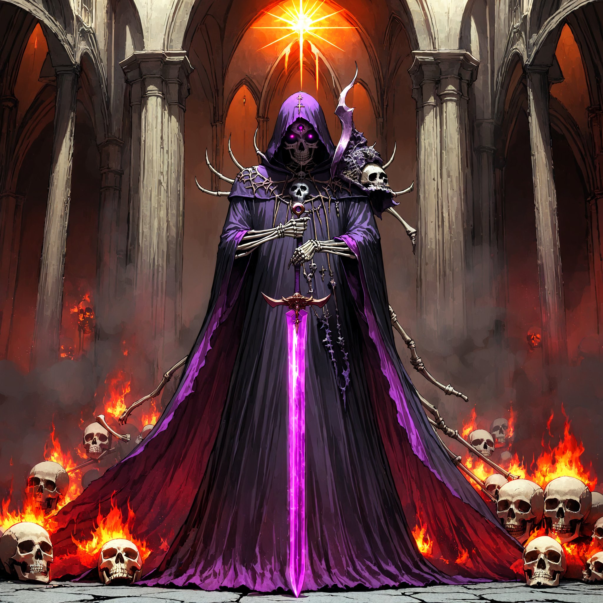 score_9, score_8_up, score_7_up, source_anime, speedlines, expressive, best quality, detailed eyes, perfect face, perfect hands, image focus on lich, (1man, lich, skeleton, undead), (skull face), black robe, glowing purple eyes, hooded, red, holding cursed long sword, pointing sword at viewer, necromancer, dark magic, soul magic, souls, evil, darkness, dread, fear, sinister, (church burning), fire, hkstyle