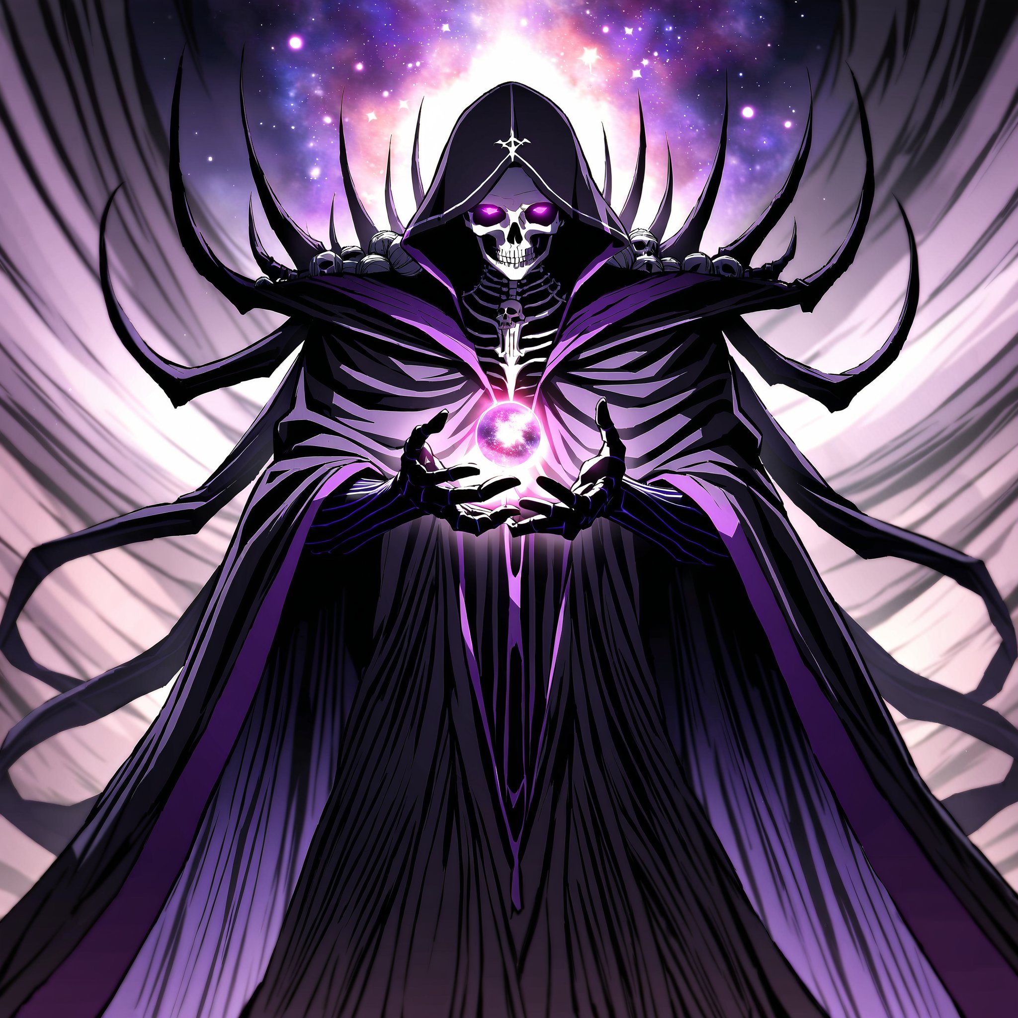 score_9, score_8_up, score_7_up, source_anime, speedlines, expressive, best quality, detailed eyes, perfect face, perfect hands, ((dark celestialskin body, Celestrial, void cosmic body, Universe)), (male), (lich) skeleton, towering, bulky, glowing purple eyes, skull mask, hooded, black robe, dark magic, soul magic, necromancer, souls, looking at viewer, ((manical laughter)), Evil,