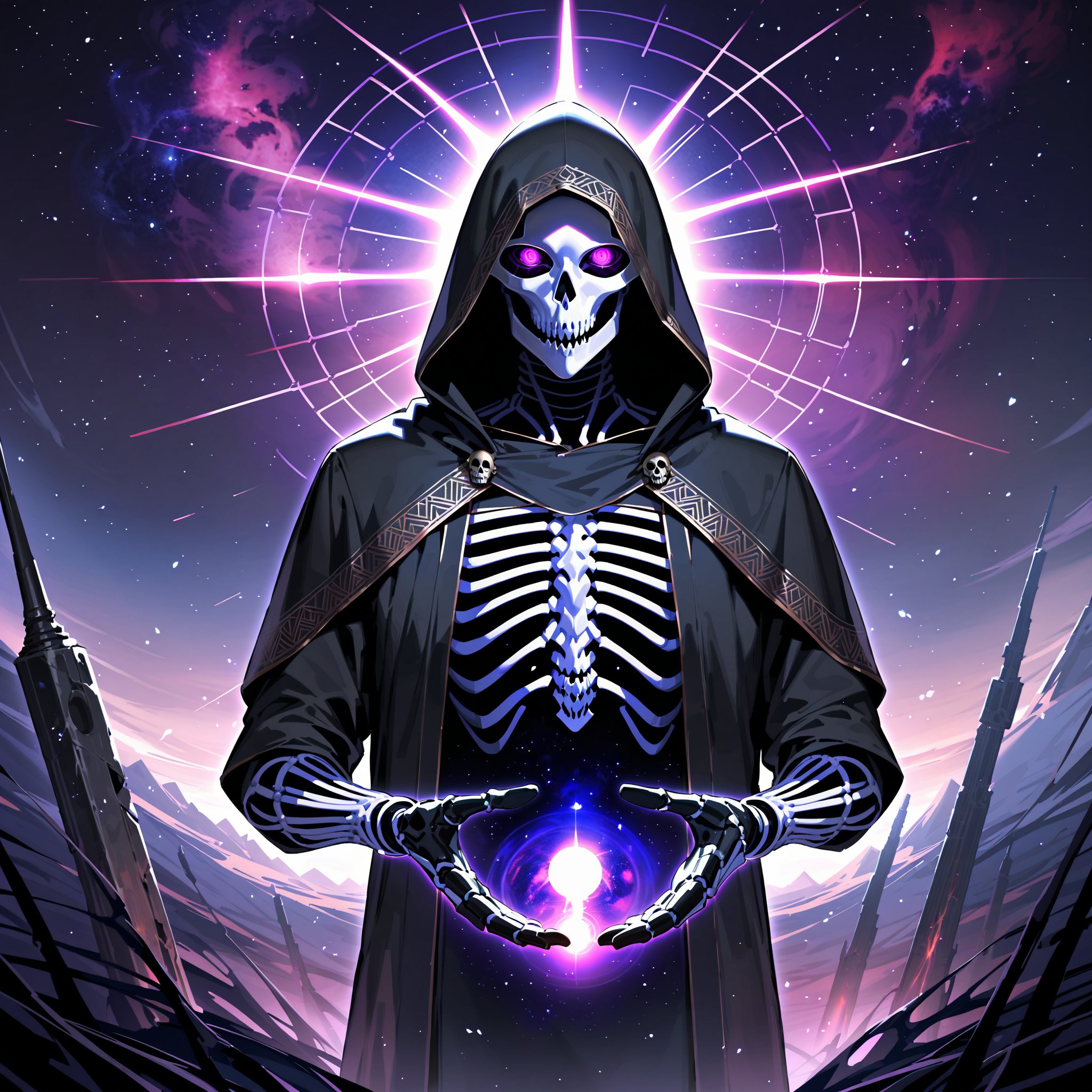 score_9, score_8_up, score_7_up, source_anime, speedlines, expressive, best quality, detailed eyes, perfect face, perfect hands, ((dark celestialskin body, Celestrial, void cosmic body, Universe)), (male), (lich) skeleton, towering, bulky, glowing purple eyes, skull mask, hooded, black robe, dark magic, soul magic, necromancer, souls, looking at viewer, ((manical laughter)), Evil,