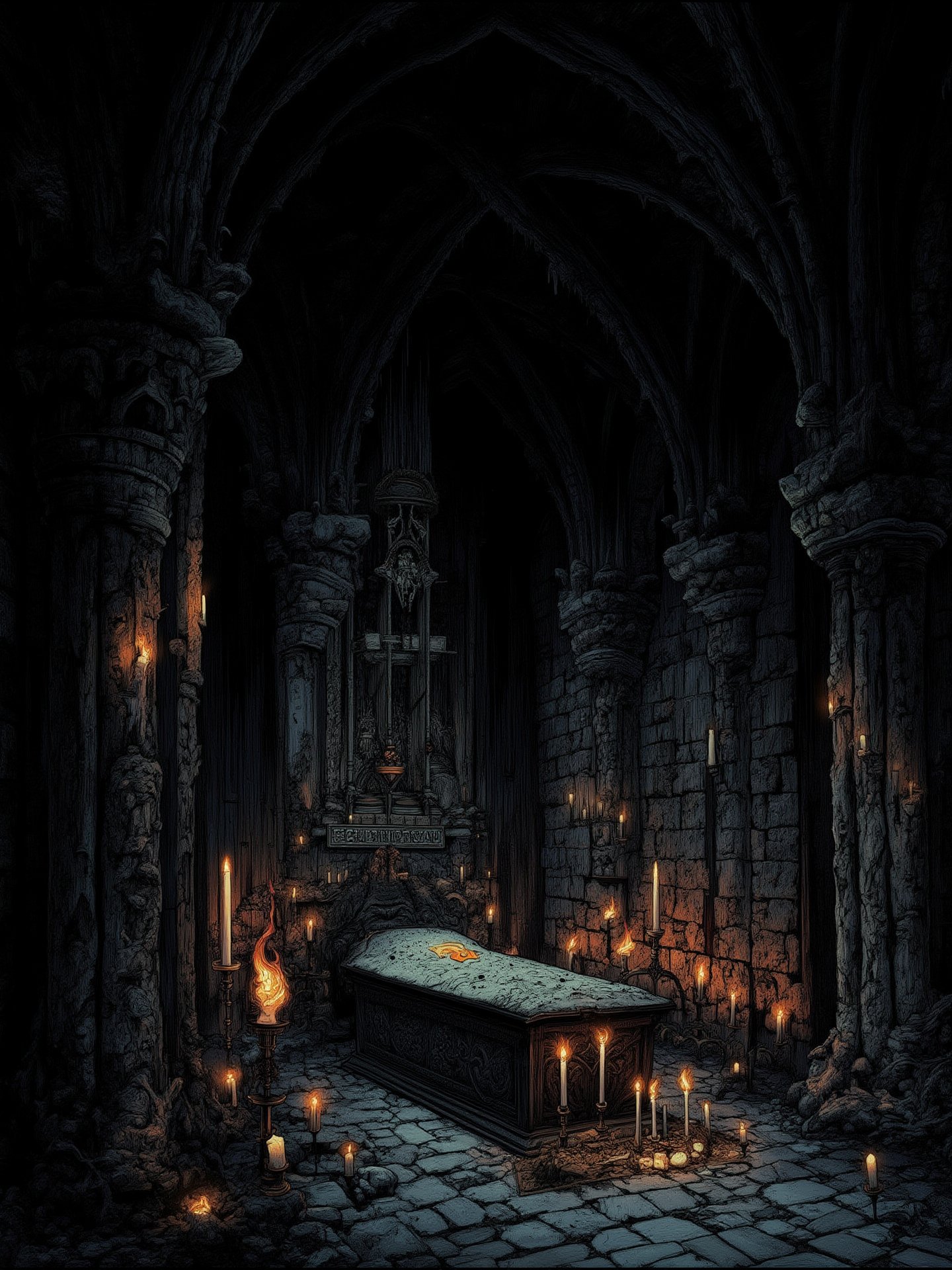 Dark art comic style illustration of an ancient crypt, the walls are made of cold, grey stone, covered in moss and mould due to the passage of time. The ceiling rises in gothic arches, casting shadows in the dark corners. The environment is lit only by hundreds of candles of different sizes, placed in iron candlesticks and on the floor. The flickering candlelight creates a play of light and shadow that dances on the walls, casting eerie, ethereal figures. In the centre, an ancient sarcophagus sits, covered in dust and surrounded by votive candles. The name of the deceased is engraved on the stone, though barely legible. The atmosphere is dense, heavy with history and memories, and every corner seems to whisper forgotten secrets, very elaborate and detailed, very fine and intricate details, very contrasting shadows, no noise, 2k resolution, very focused, single source of very strong overhead lighting that highlights its figure "bodies not glued together" "no deformations"