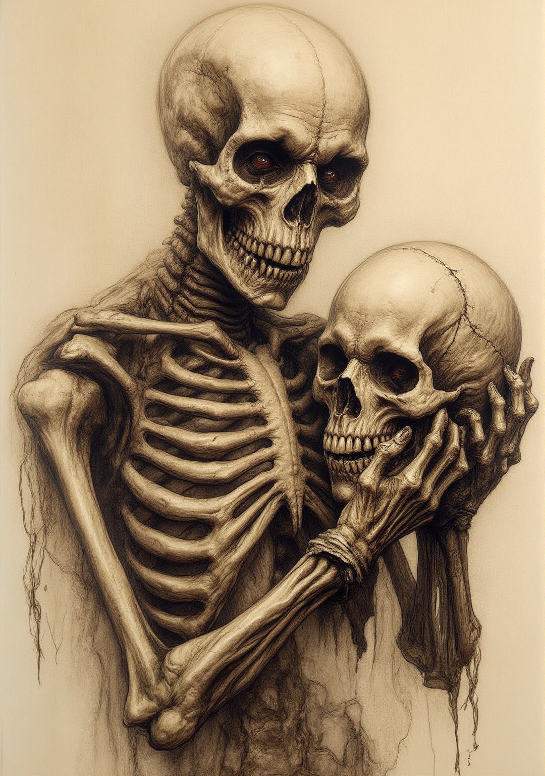 Sepia toned pencil drawing of a skeleton holding a human head looking at camera, angry facial expression, very elaborate and detailed, very fine intricate details, very contrasting shadows, very strong overhead lighting, no noise, 2k resolution, very focused, strong left side lighting, very contrasting shadows