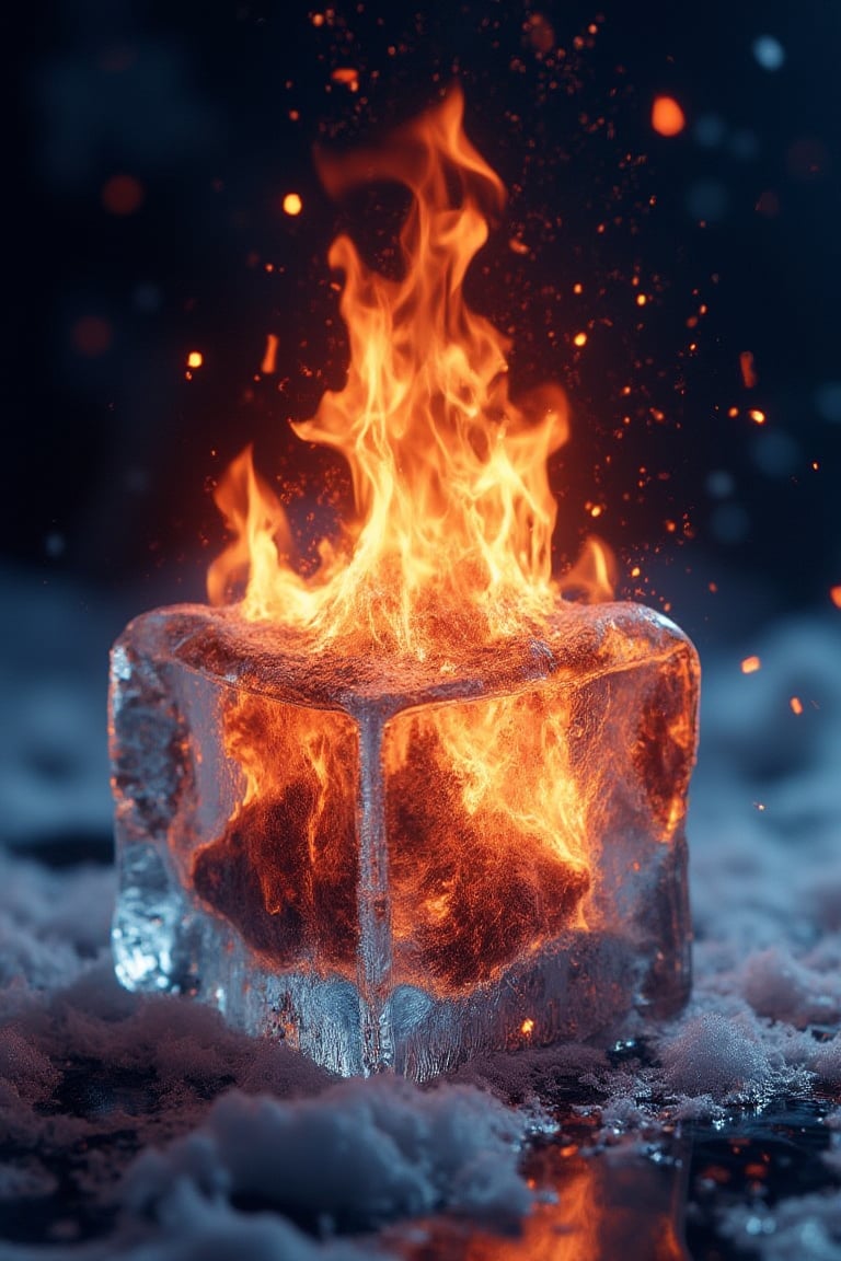 2.5D animation of an animated flame of fire inside a frozen ice block, very elaborate and detailed, very fine details, very contrasting shadows, strong side lighting