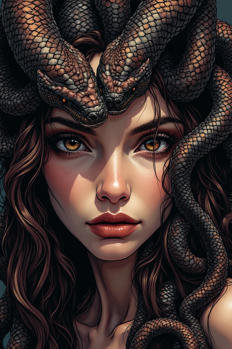 Comic style illustration of a frontal close-up looking into the camera of Medusa from Greek mythology, a very beautiful woman's face, skin with pores without shine and light coloring, her head is very realistic snakes with scales of various shades of maroon and black, very elaborate and detailed, very fine details, very contrasting shadows, strong side lighting