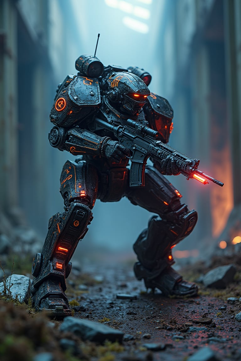 ULTRA REALISTIC RESIN FIGURE, combat MECH with neon lighting details in attack position with a futuristic combat rifle, without base, among the ruins of an abandoned factory, highly detailed and elaborate, fine details, soft central overhead lighting,MECH,COMBAT ARMOR