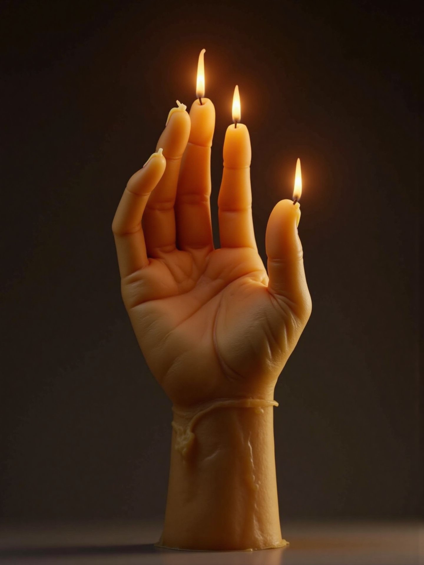 Wax candle in the shape of a hand resting on its wrist, each finger points upwards extended and on the highest outer part of each finger there is a flame that consumes them, very elaborate and detailed, very fine and intricate details, very contrasted shadows, no noise, 2k resolution, very focused, single source of very strong overhead lighting that highlights its figure "bodies not glued" "without deformations"