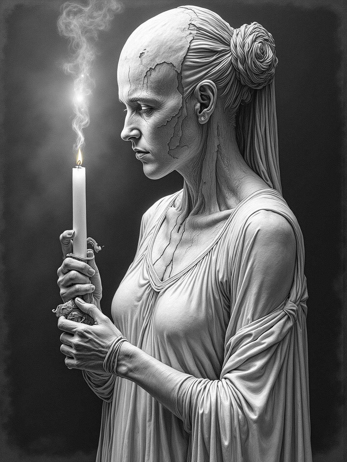 Realistic pencil illustration of a wax woman who is melting while holding a candle in her hands, very elaborate and detailed, very fine and intricate details, very contrasted shadows, no noise, 2k resolution, very focused, single source of very strong overhead lighting that highlights her figure "bodies not glued together" "without deformations"