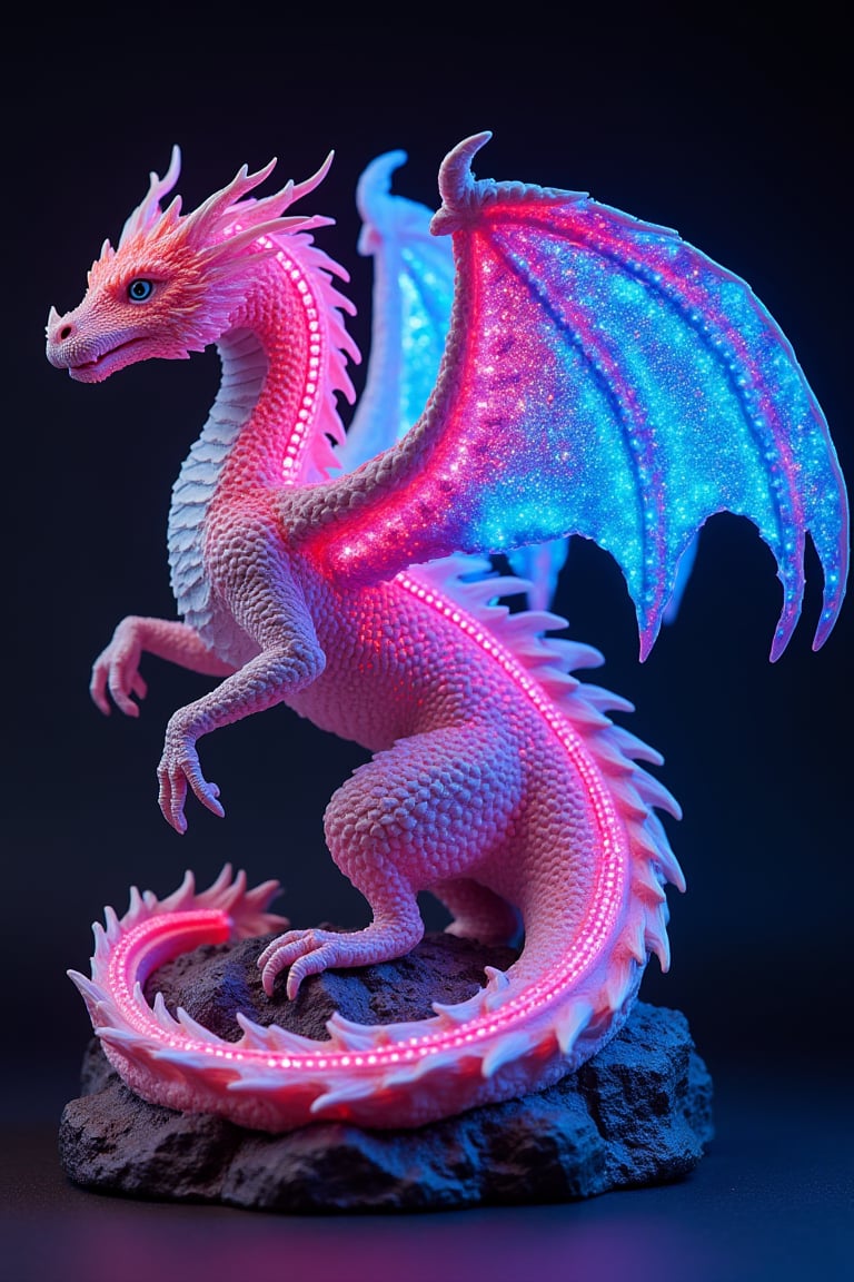 NEON, ultra realistic resin figure of Fluorescent neon winged dragon, very elaborate and detailed, very fine details, very contrasting shadows, strong side lighting, REALISTIC RESIN FIGURE