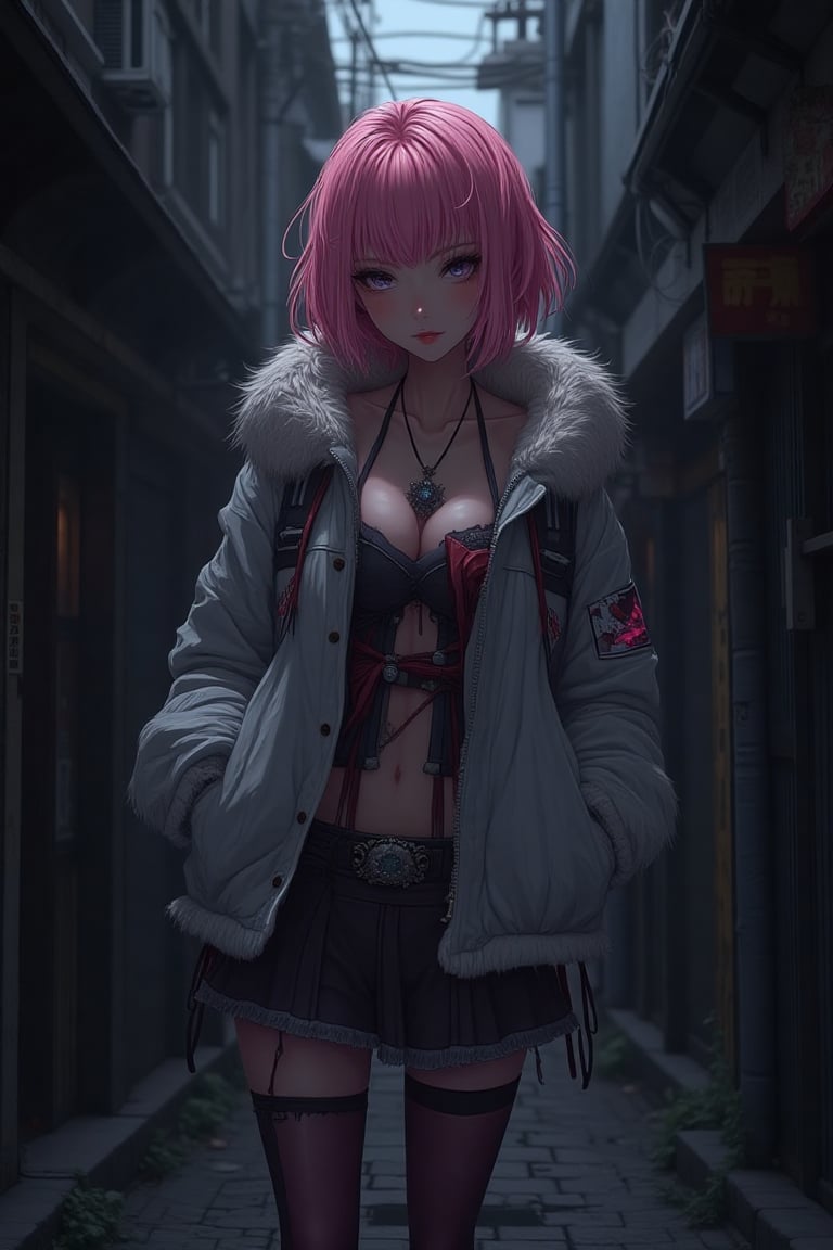 Digitized and three-dimensional anime of a 23-year-old woman with furry clothing and short pink hair in a dark alley, very elaborate and detailed, very fine and intricate details, very contrasted shadows, no noise, 2k resolution, very focused, single source of very strong overhead lighting that highlights her figure "bodies not glued together" "without deformations"