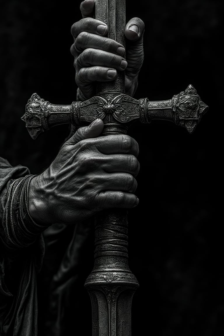 Dark art style illustration of two powerful hands holding a huge claymore sword by the hilt,  very elaborate and detailed,...