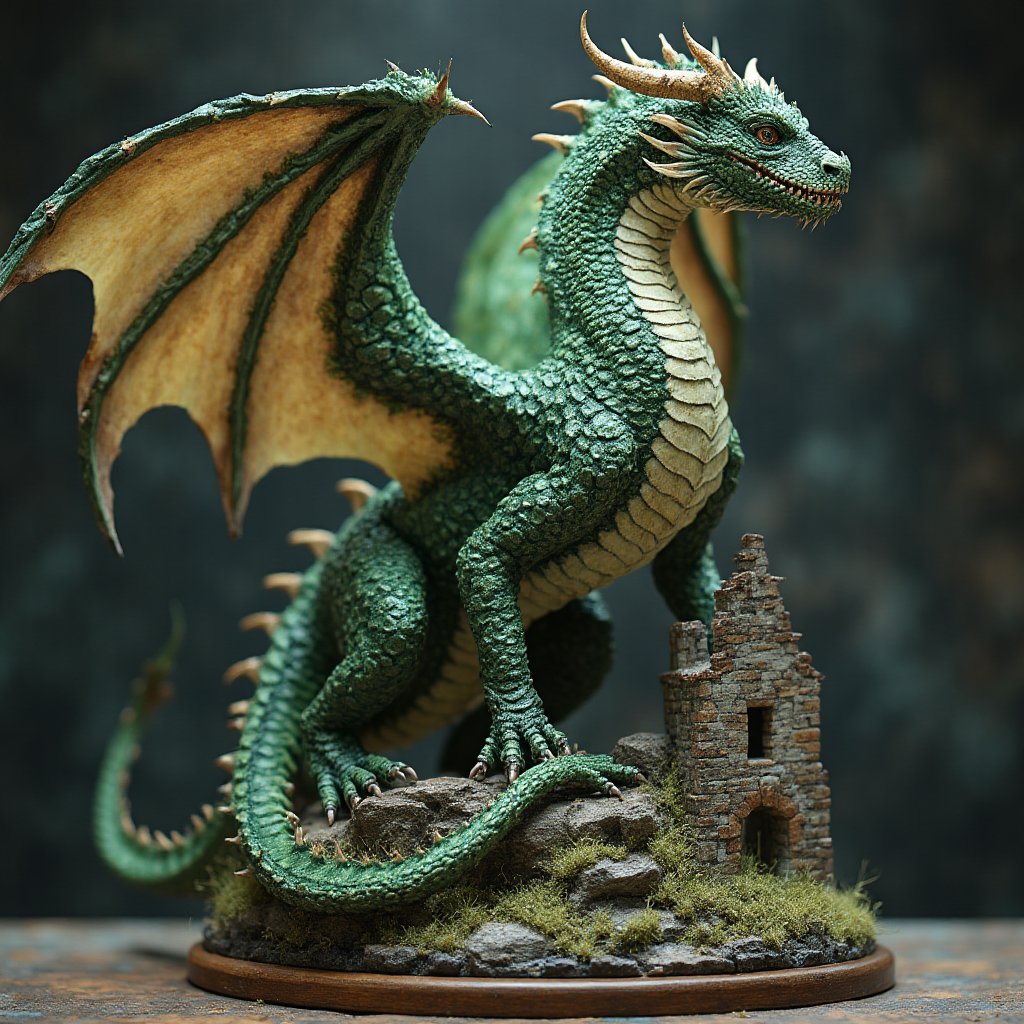 Ultra realistic resin diorama of a winged dragon with various shades of green, in the background the ruins of a castle, very elaborate and detailed, very fine details, very contrasting shadows, strong side lighting, ULTRAREALISTIC RESIN FIGURE