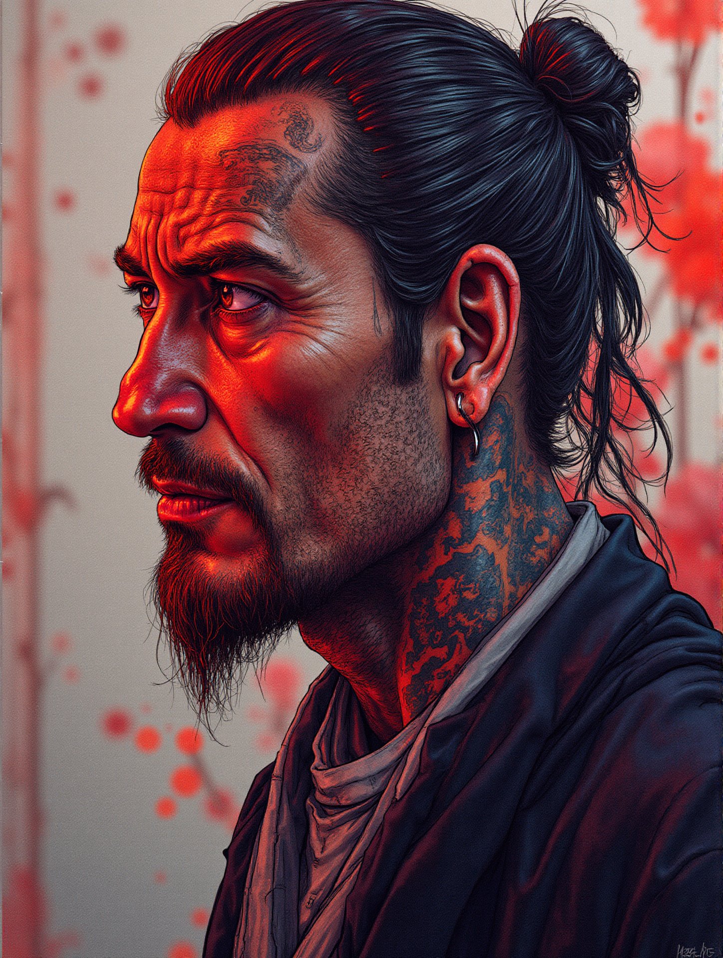 full color drawing, color gradients, yakuza with tattoos, japanese folklore, 2k resolution, ultra detailed, best quality, superfine, detailed lighting, realistic lighting
Negative rating, very elaborate and detailed, very fine and intricate details, very contrasting shadows, no noise, very focused, only very strong side lighting source that focuses on his face