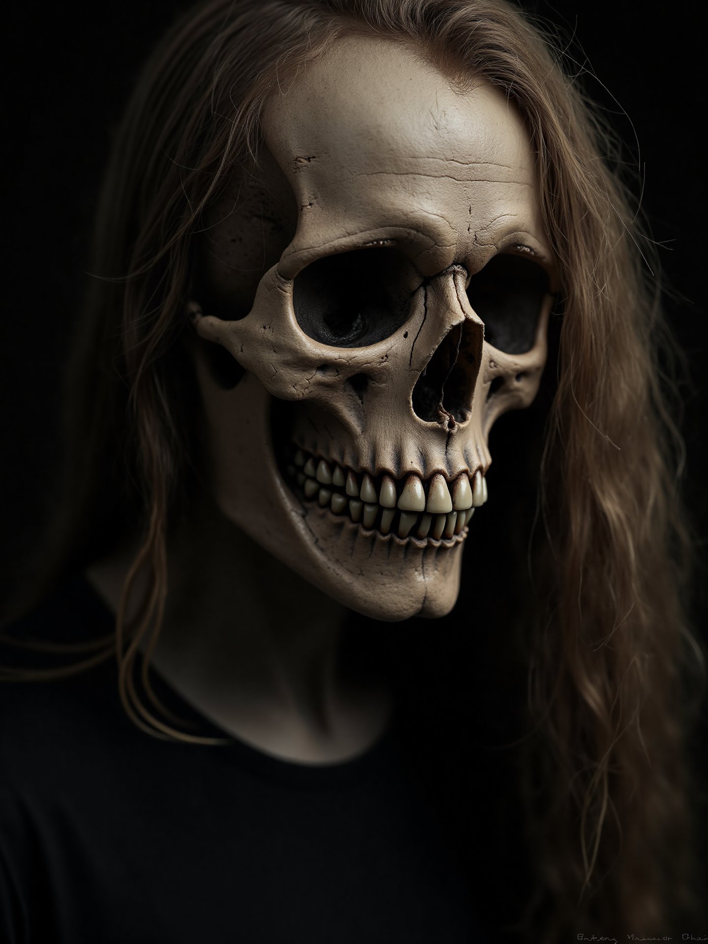 Close-up, studio shot, human skull portrait "bones with pores", fantasy makeup, long blonde hair with dark highlights somewhat curly "hair by hair", dark style, 8K, ultra detailed, best quality, superfine, detailed light, realistic lighting
Negative rating, very elaborate and detailed, very fine and intricate details, very contrasting shadows, no noise, very focused, only very strong side light source that focuses on his face