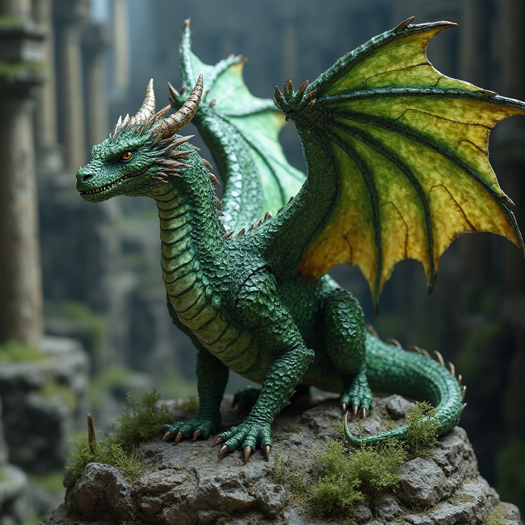 Ultra realistic resin diorama of a winged dragon with various shades of green, in the background the ruins of a castle, very elaborate and detailed, very fine details, very contrasting shadows, strong side lighting, ULTRAREALISTIC RESIN FIGURE