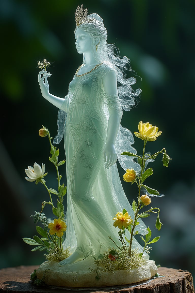 Ultra realistic crystal figurine of the goddess of nature, decoration in various plant planes around it, very elaborate and detailed, very fine and intricate details, very contrasting shadows, very strong side lighting, no noise, 2k resolution, very focused