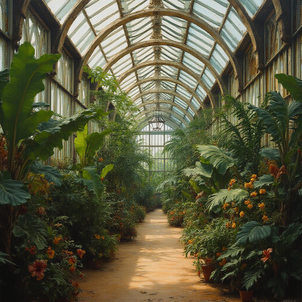 Oil painting of the interior of a Victorian-era English greenhouse filled with treoadora plants, very elaborate and detailed, very fine and intricate details, very contrasting shadows, very strong overhead lighting, no noise, 2k resolution, very focused, single source of dim side lighting "no artificial glare",OIL PAINTING