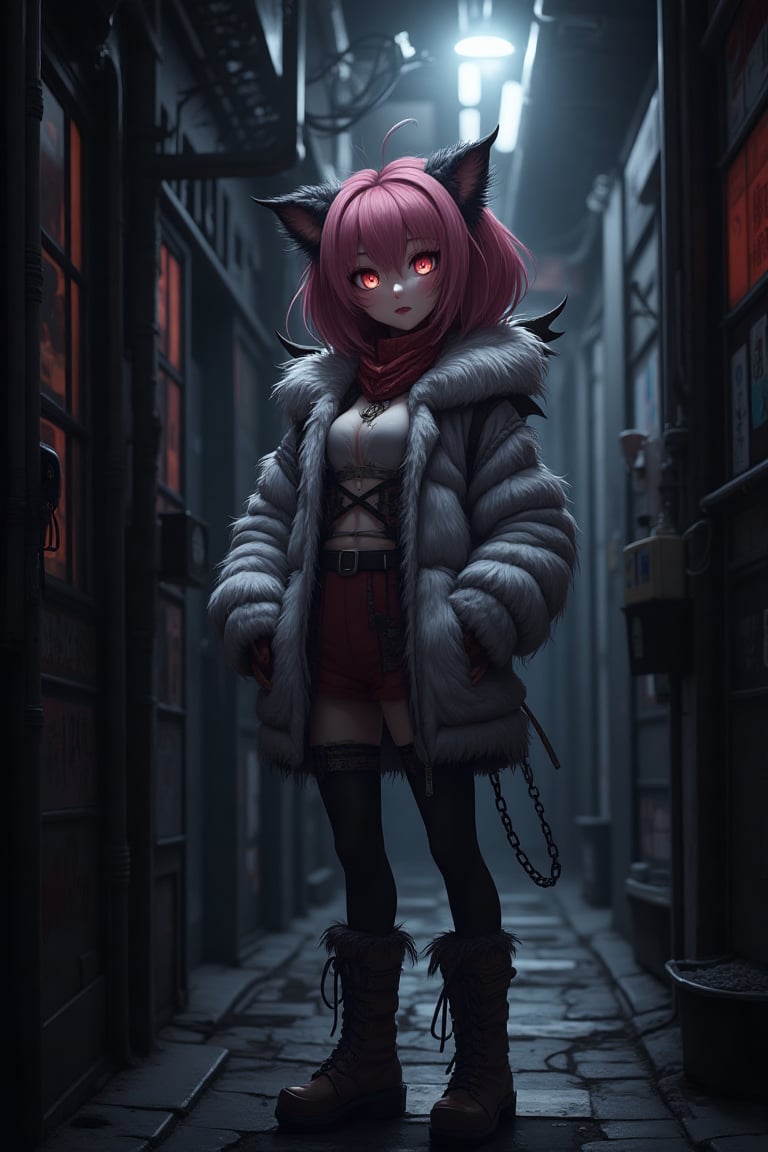 Digitized and three-dimensional anime of a 23-year-old woman with furry clothing and short pink hair in a dark alley, very elaborate and detailed, very fine and intricate details, very contrasted shadows, no noise, 2k resolution, very focused, single source of very strong overhead lighting that highlights her figure "bodies not glued together" "without deformations"