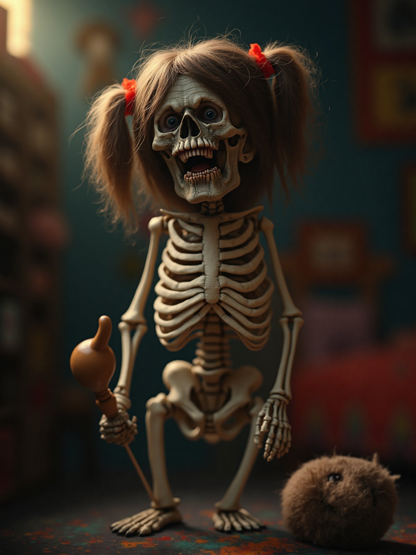 Full body image of a skeleton of a little girl with hair and two pigtails on her head, screaming angrily while holding a rattle in her right hand, in a very colorful nursery room and surrounded by stuffed animals, "bones with pores", dark style, 8K, ultra detailed, best quality, superfine, detailed light, realistic lighting
Negative rating, very elaborate and detailed, very fine and intricate details, very contrasting shadows, no noise, very focused, only very strong side lighting source that focuses on her face