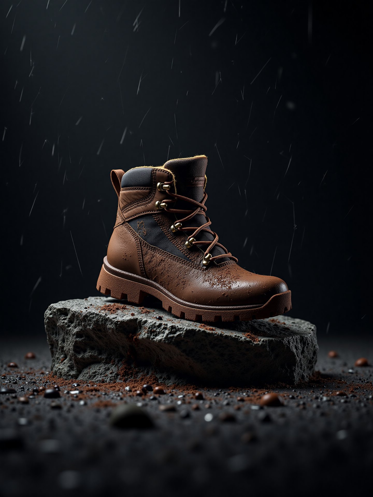 Artistic composition for product photography of a mountain boot with mud and water drops, resting on a granite stone, soft rain creating a three-dimensional effect, very elaborate and detailed, very fine and intricate details, very contrasting shadows, studio lighting with two light sources, a strong 45 degree front light and another soft overhead light, noise-free, 2k resolution, very focused