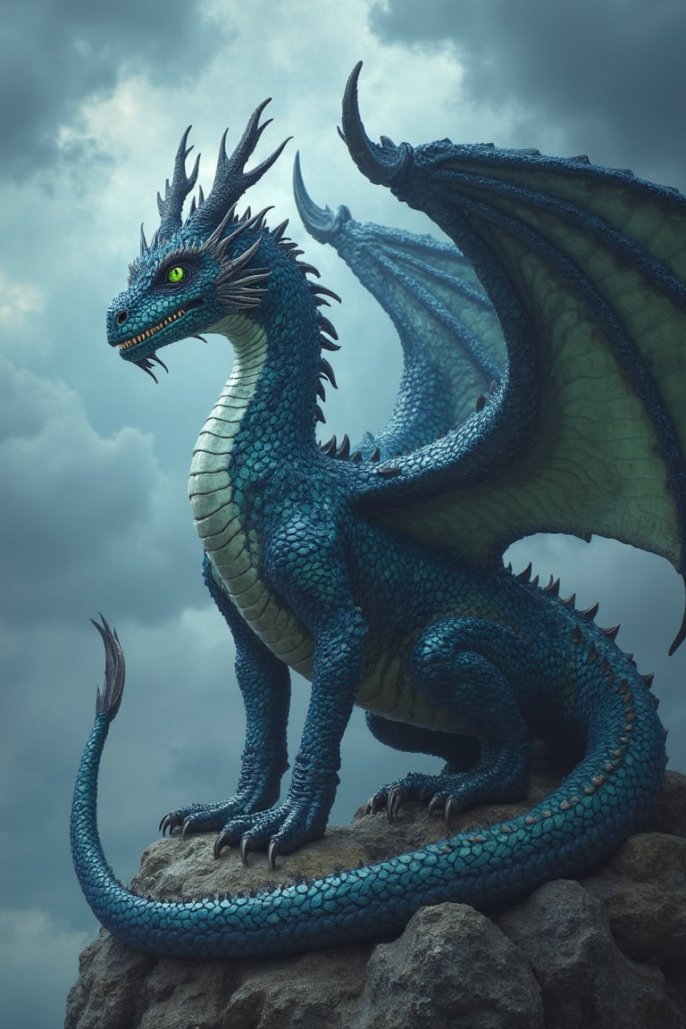 A majestic dragon with shiny scales in various shades of blue and piercing green eyes, elongated nose and large fangs, large wings and very long neck, elongated tail ending in a point, perched on a rocky mountain under a stormy sky, very elaborate and detailed, very fine intricate details, very contrasting shadows, very strong overhead lighting..