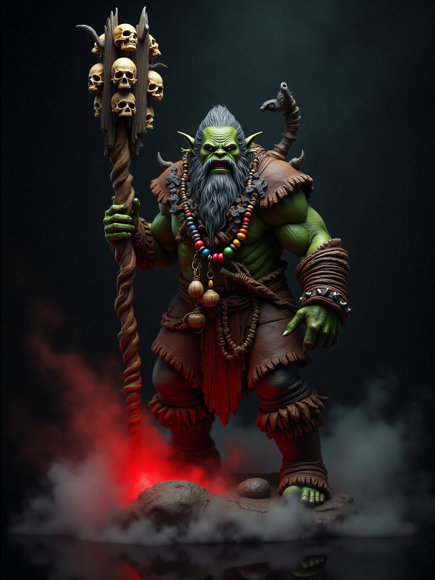 Diorama Ultra-realistic resin figure of an orc shaman with brown leather clothing and colorful beads, dynamic pose, green skin of various shades, carries a twisted wooden staff with human skulls at its highest end, long grayish beard, "without a base", a red aura of power runs through his body, a dense fog descends at his feet, terrifying decoration around him creating a three-dimensional environment, he is in a gloomy cavern, very elaborate and detailed, very fine and intricate details, very contrasting shadows, very strong upper lighting, hands with five fingers of normal proportions 2k resolution, ultra detailed, best quality, superfine, detailed lighting, realistic lighting
Negative indication, very elaborate and detailed, very fine and intricate details, very contrasting shadows, no noise, very focused, very strong single side lighting source that focuses on his face, ULTRA REALISTIC RESIN FIGURE