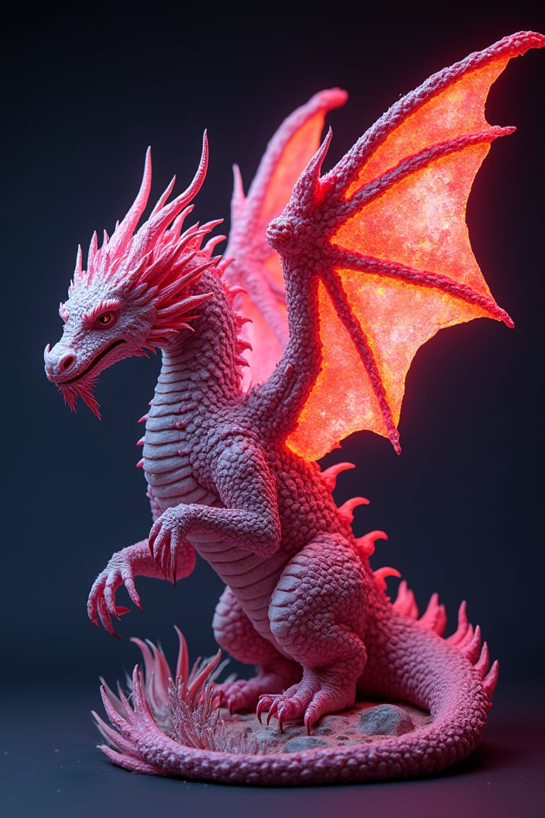 NEON, ultra realistic resin figure of Fluorescent neon winged dragon, very elaborate and detailed, very fine details, very contrasting shadows, strong side lighting, REALISTIC RESIN FIGURE