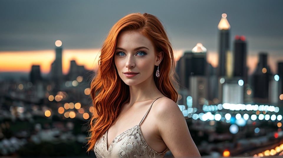 30-year-old redhead,  with fiery locks framing her face. Her bright blue eyes sparkle as she confidently poses in front of...