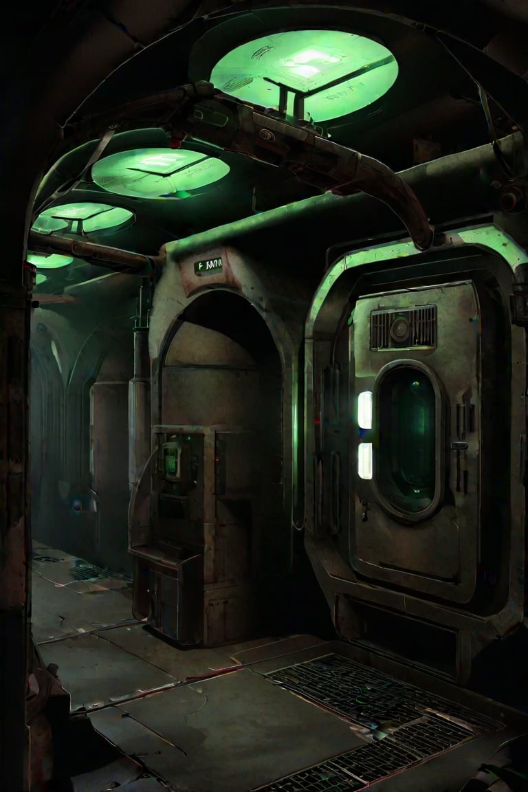 scenery, sh,retro artstyle, ((cramped)),  ((low ceiling)),clean floor, lift, cabin, elevator, low light, dark, metal, matte, green, running lights, pipes, piping, rust, corrosion, energy pulse, fog, mist, round door, rounded doorway, round doorframe, floor grates, arches, pillar, cables, (round), fan, vent, venting,noc-space,VNS_Fantasy Ruin, console, (((cockpit))), (((window))), medieval interior