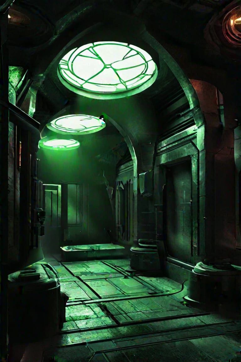 scenery, sh,retro artstyle, metal, matte, green, running lights, (round), noc-space,VNS_Fantasy Ruin,medieval interior