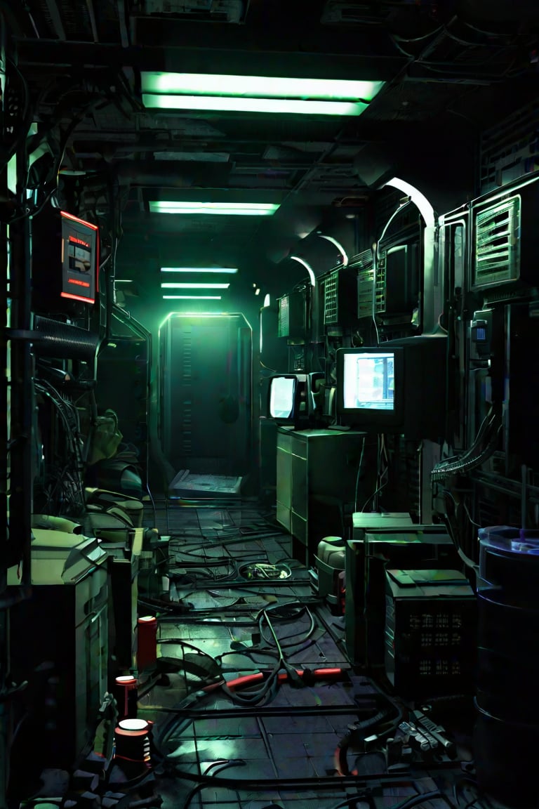 scenery, sh,retro artstyle, ((cramped)),  ((low ceiling)),clutter on floor, cans on floor, tools on floor, debris on floor, low light, dark, metal, matte, long hallway, computer panels/(boxes, green/), running lights, pipes, piping, rust, corrosion, energy pulse, corridor, fog, mist, round door, rounded doorway, round doorframe, floor grates, cables, (round)