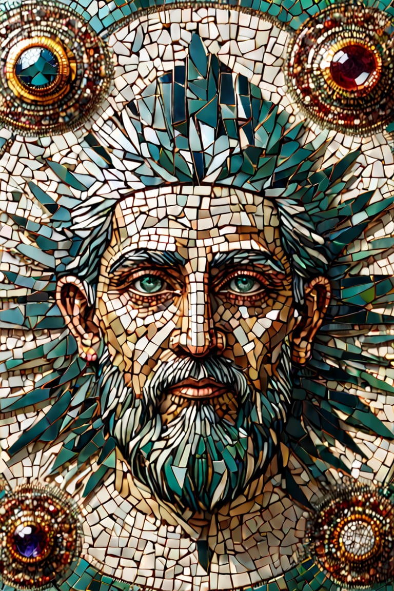 two-dimension, two dimensional, 2D, headshot of Byzantine Mosaic of a priest. (((mosaic))), broken eye, broken eyeball, facture/(eye/), (((alchemy))), sun, moon, diametrically opposed, left right, up down, split, holy geometry, vibrant, (((saturation))), differential, colors, mouth mosaic, nose mosaic, eyebrow mosaic, (((simple))), eyes mosaic, lips mosaic, (masterpiece, top quality, best quality, official art, beautiful and aesthetic:1.2),16k, high resolution, perfect dynamic composition, bokeh, (sharp focus:1.2), super wide angle, high angle, high color contrast, medium shot, depth of field, blurry background,,itacstl,DonMBr0ck3nM1rr0rXL, emerald, ruby, diamond, lapiz,