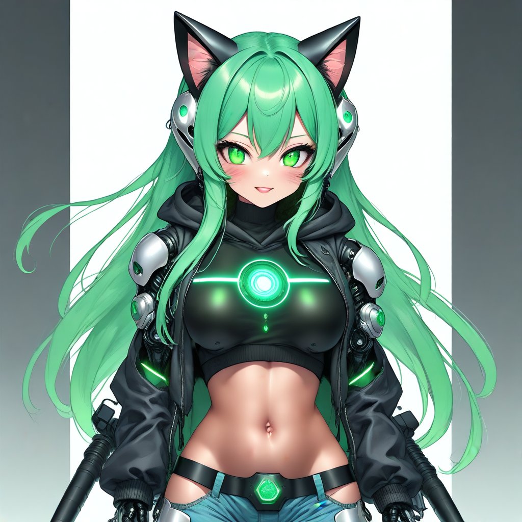 a long (green) hair catgirl wearing a hoodie and jeans with her ears sticking out

perfect face, perfect facial expression, perfect body, perfect breasts, perfect legs, perfect eyes, perfect anatomy

(masterpiece), best quality, expressive eyes, perfect face, demon, mecha suits, mecha exoskeleton, augmented bodyparts, robotic bodyparts, (silver) glowing visor, (silver) glowing armor, (silver) neon axe

